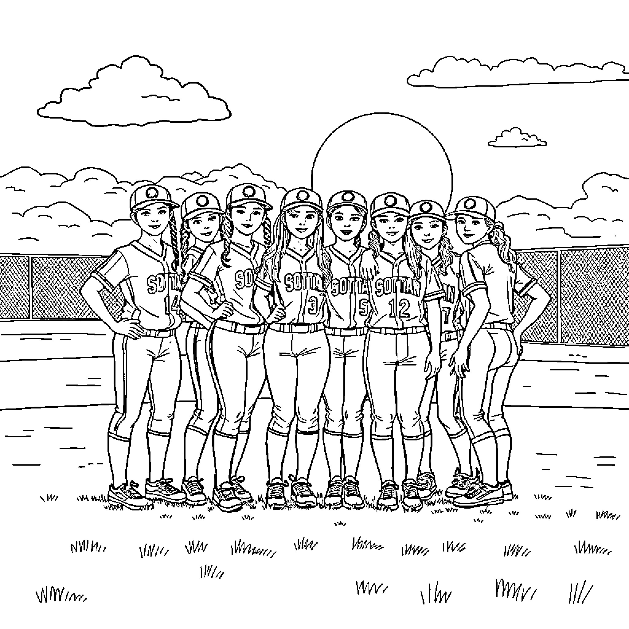 Softball team posing on the field Coloring Page (free black-and-white line drawing printable PDF for all, from beginners to advanced learners, including children, teens, adults, and seniors)