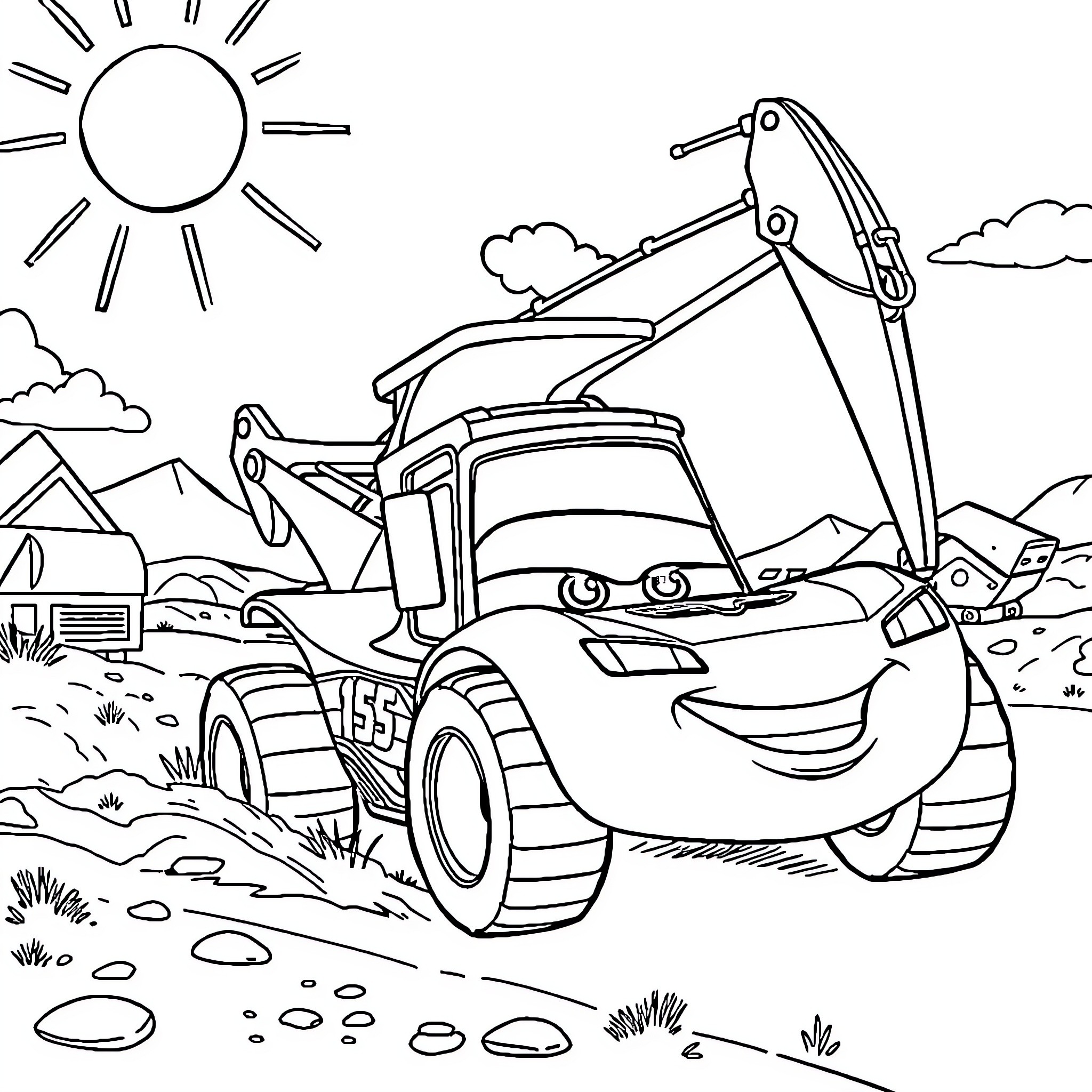 Lightning McQueen operating construction equipment in the outdoors Coloring Page (free black-and-white line drawing printable PDF for all, from beginners to advanced learners, including children, teens, adults, and seniors)