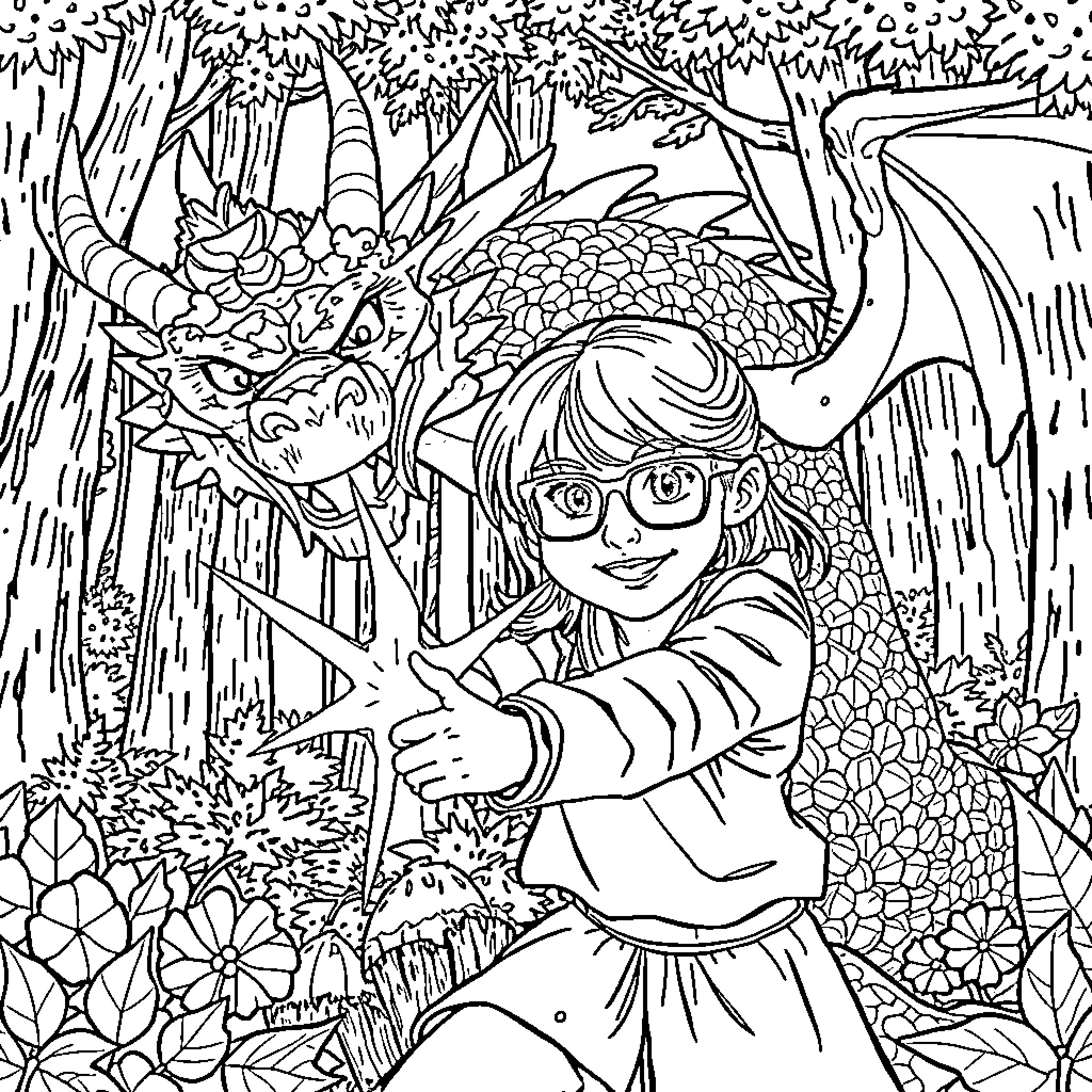 Daughter exploring enchanted forest with dragon Coloring Page (free black-and-white line drawing printable PDF for all, from beginners to advanced learners, including children, teens, adults, and seniors)