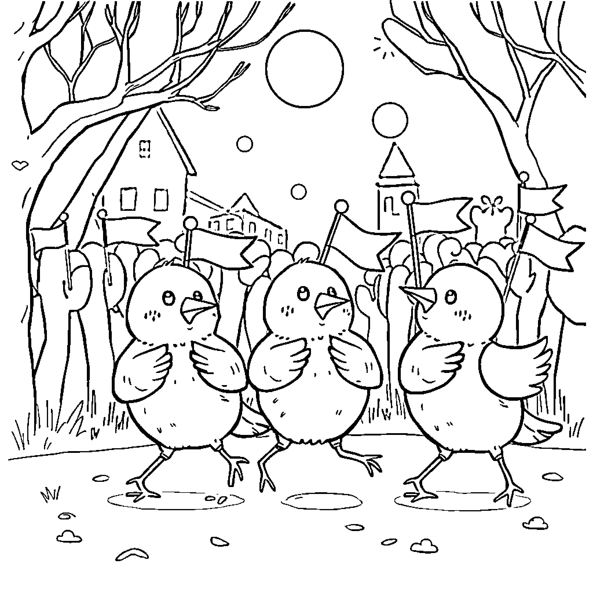 Bird trio dancing and celebrating in a whimsical village scene Coloring Page (free black-and-white line drawing printable PDF for all, from beginners to advanced learners, including children, teens, adults, and seniors)