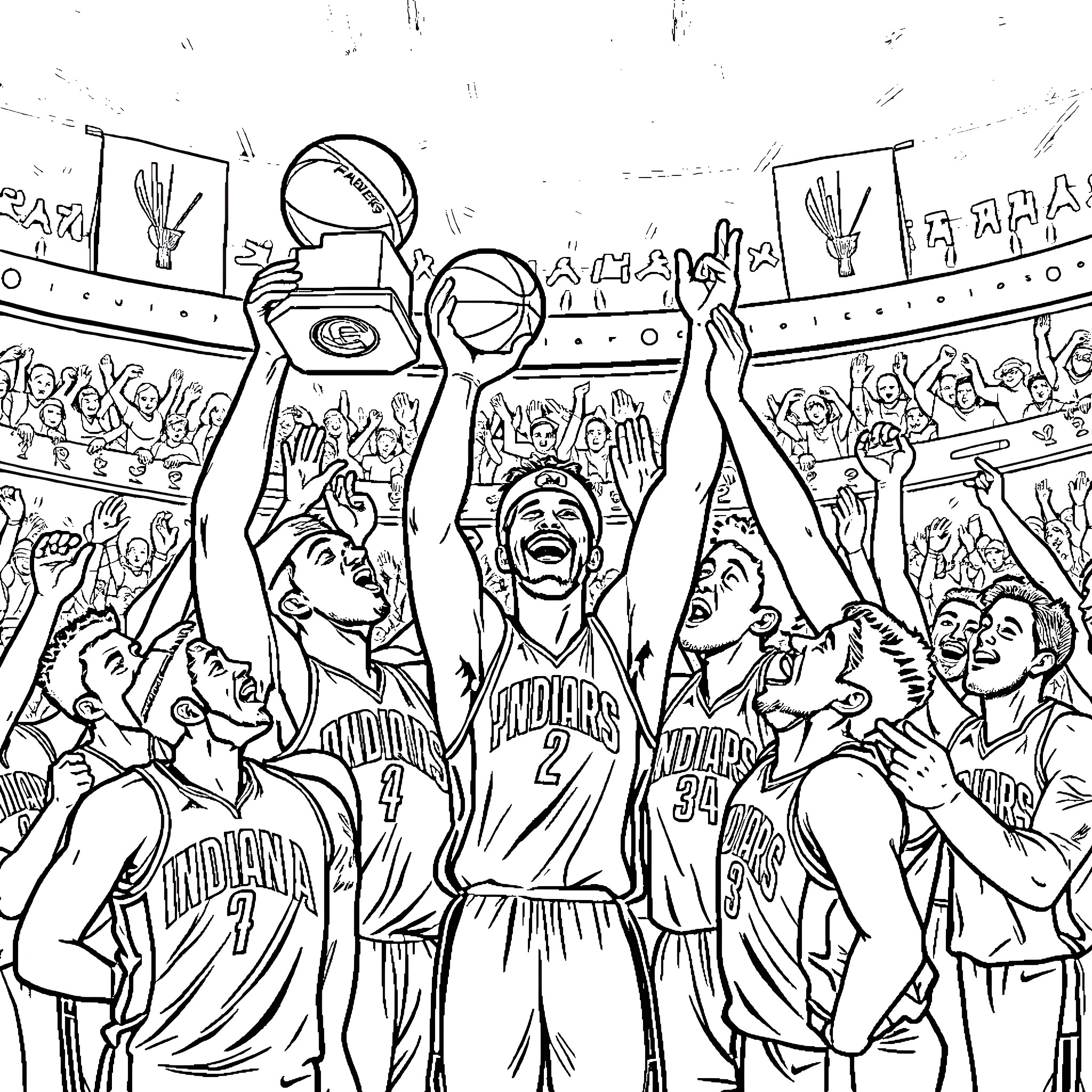 Pacers players celebrating a basketball victory Coloring Page (free black-and-white line drawing printable PDF for all, from beginners to advanced learners, including children, teens, adults, and seniors)