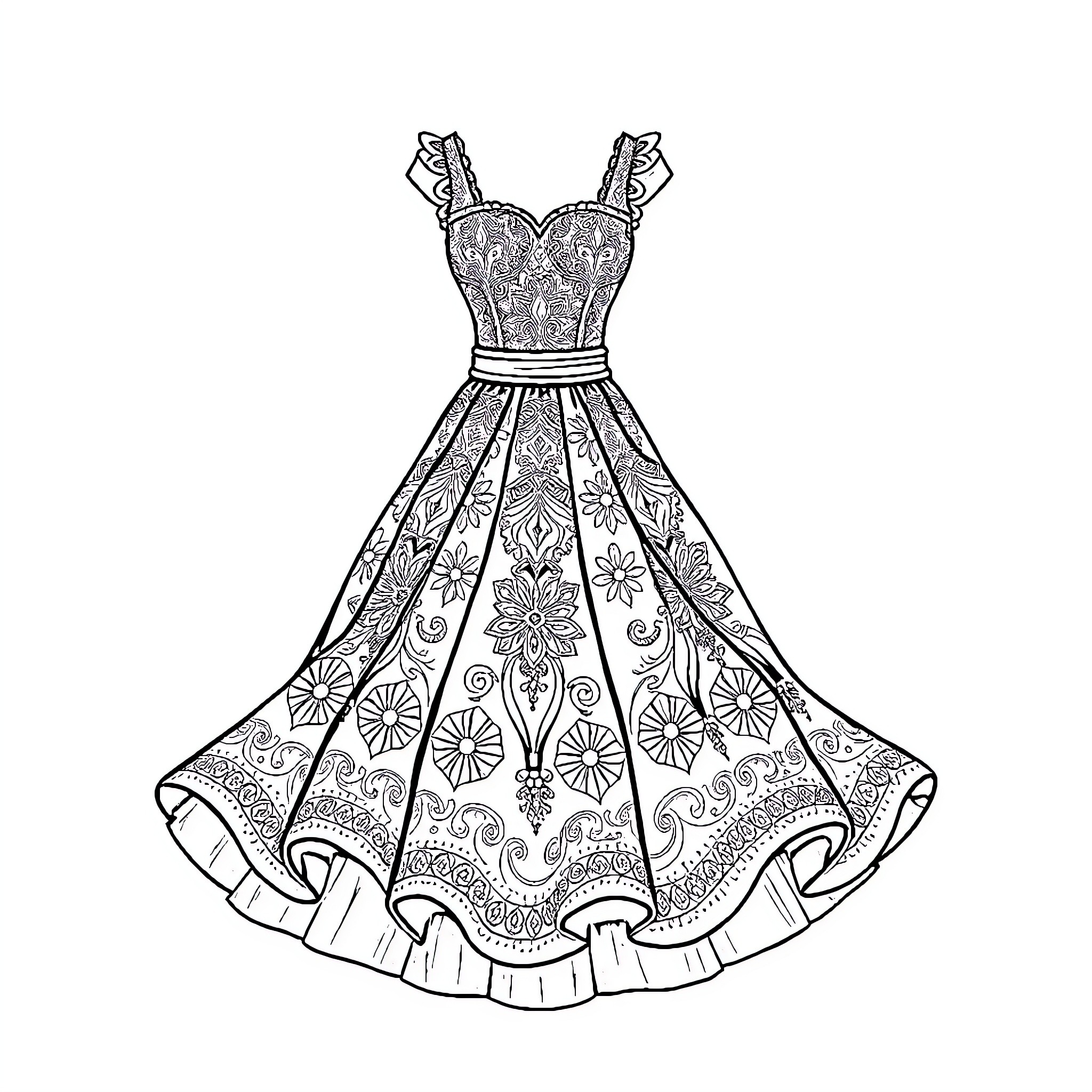 Dress with Intricate Floral Patterns Coloring Page (free black-and-white line drawing printable PDF for all, from beginners to advanced learners, including children, teens, adults, and seniors)