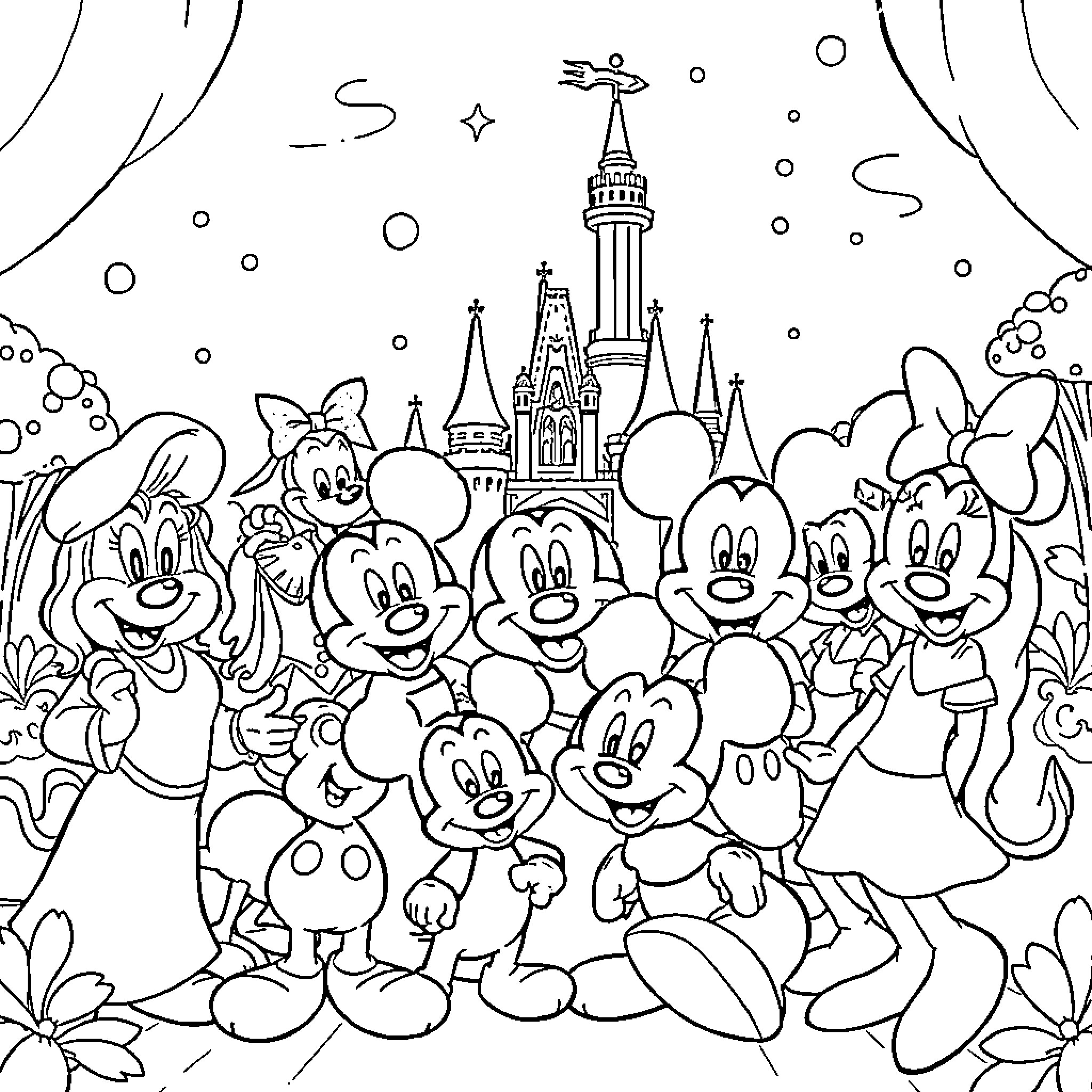 Disney Characters gathering at the enchanted castle Coloring Page (free black-and-white line drawing printable PDF for all, from beginners to advanced learners, including children, teens, adults, and seniors)