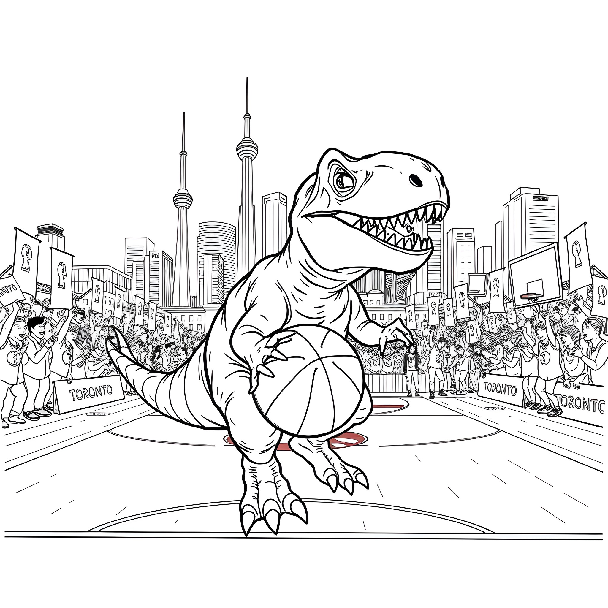 Trex Roaming in the Bustling City Coloring Page (free black-and-white line drawing printable PDF for all, from beginners to advanced learners, including children, teens, adults, and seniors)