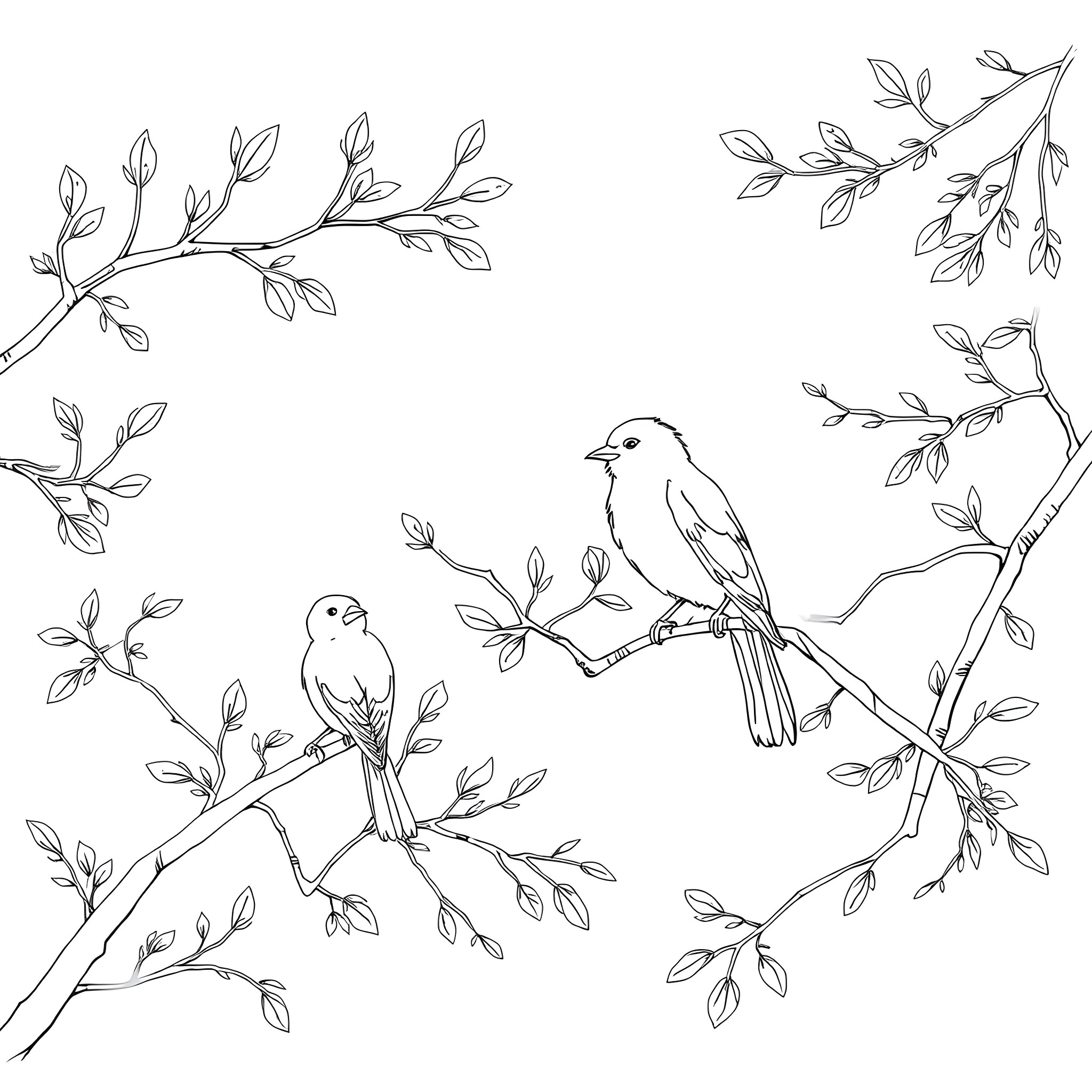 Birds perched on tree branches with leaves Coloring Page (free black-and-white line drawing printable PDF for all, from beginners to advanced learners, including children, teens, adults, and seniors)