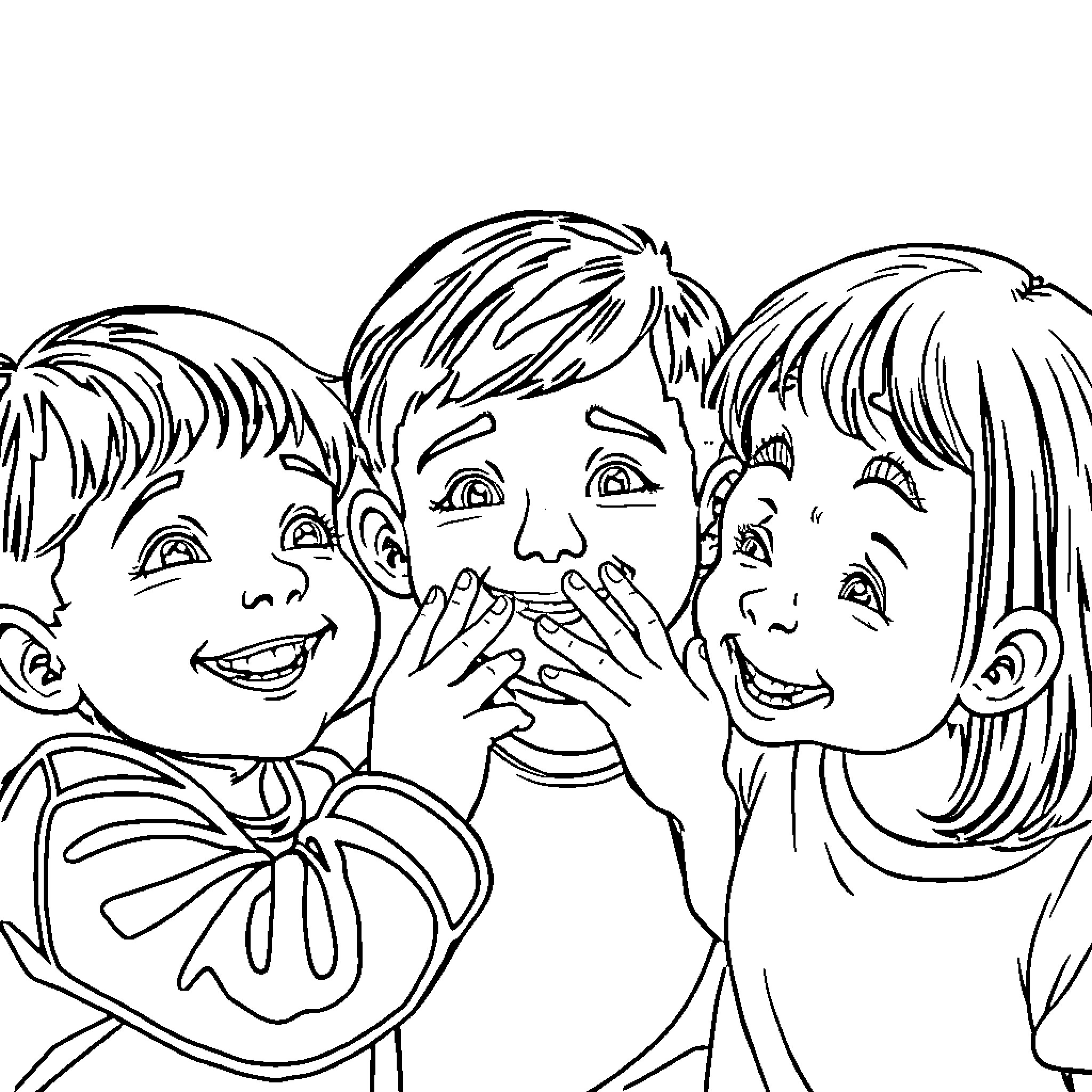 Children Laughing and Giggling Together Coloring Page (free black-and-white line drawing printable PDF for all, from beginners to advanced learners, including children, teens, adults, and seniors)