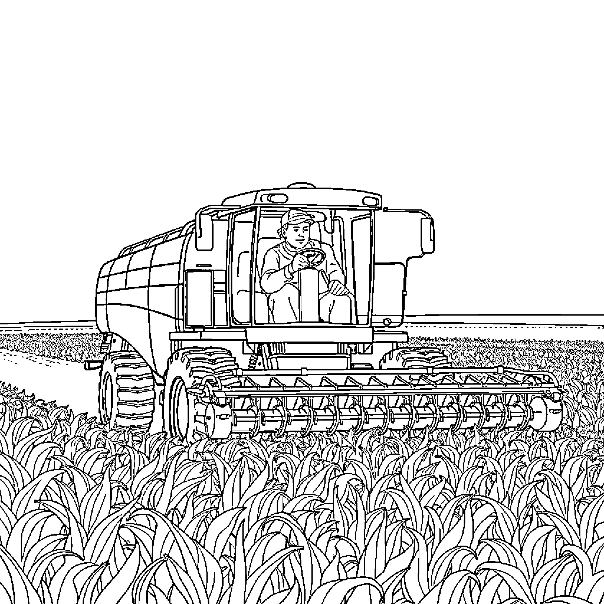 Corn Harvesting Machine Reaping Crop in Field Coloring Page (free black-and-white line drawing printable PDF for all, from beginners to advanced learners, including children, teens, adults, and seniors)