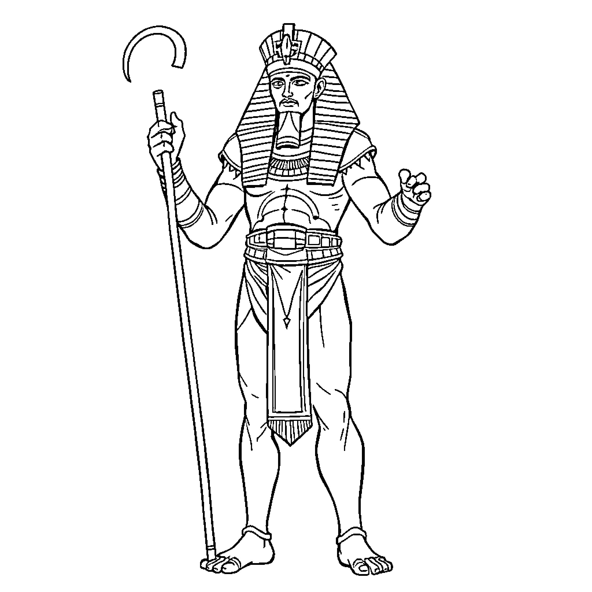 Pharaoh standing tall with staff and regalia Coloring Page (free black-and-white line drawing printable PDF for all, from beginners to advanced learners, including children, teens, adults, and seniors)