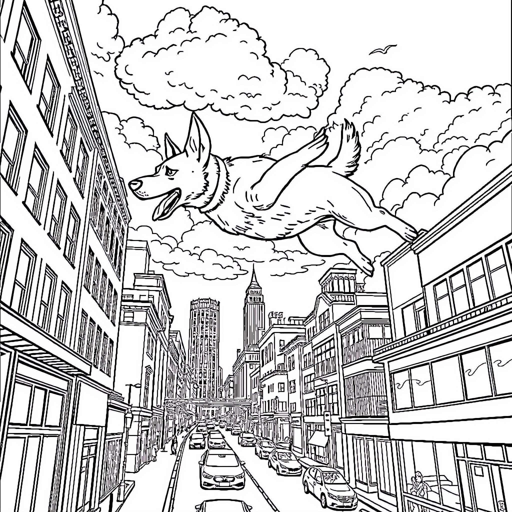 Dog soaring through the city skyline Coloring Page (free black-and-white line drawing printable PDF for all, from beginners to advanced learners, including children, teens, adults, and seniors)