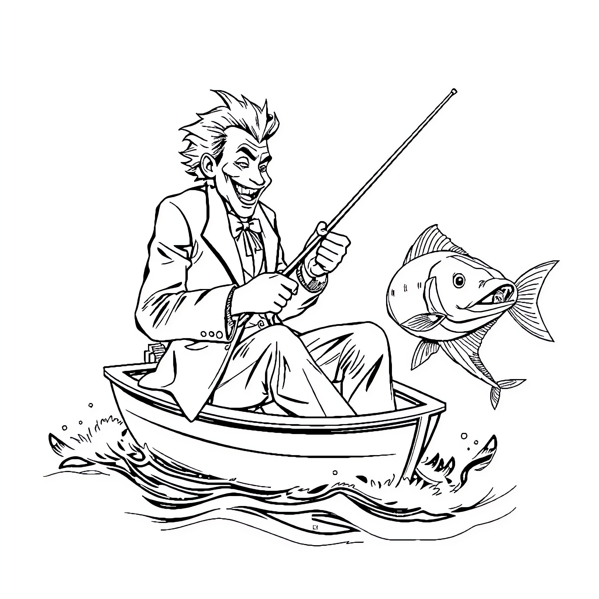 Joker fishing for mischief in the water Coloring Page (free black-and-white line drawing printable PDF for all, from beginners to advanced learners, including children, teens, adults, and seniors)