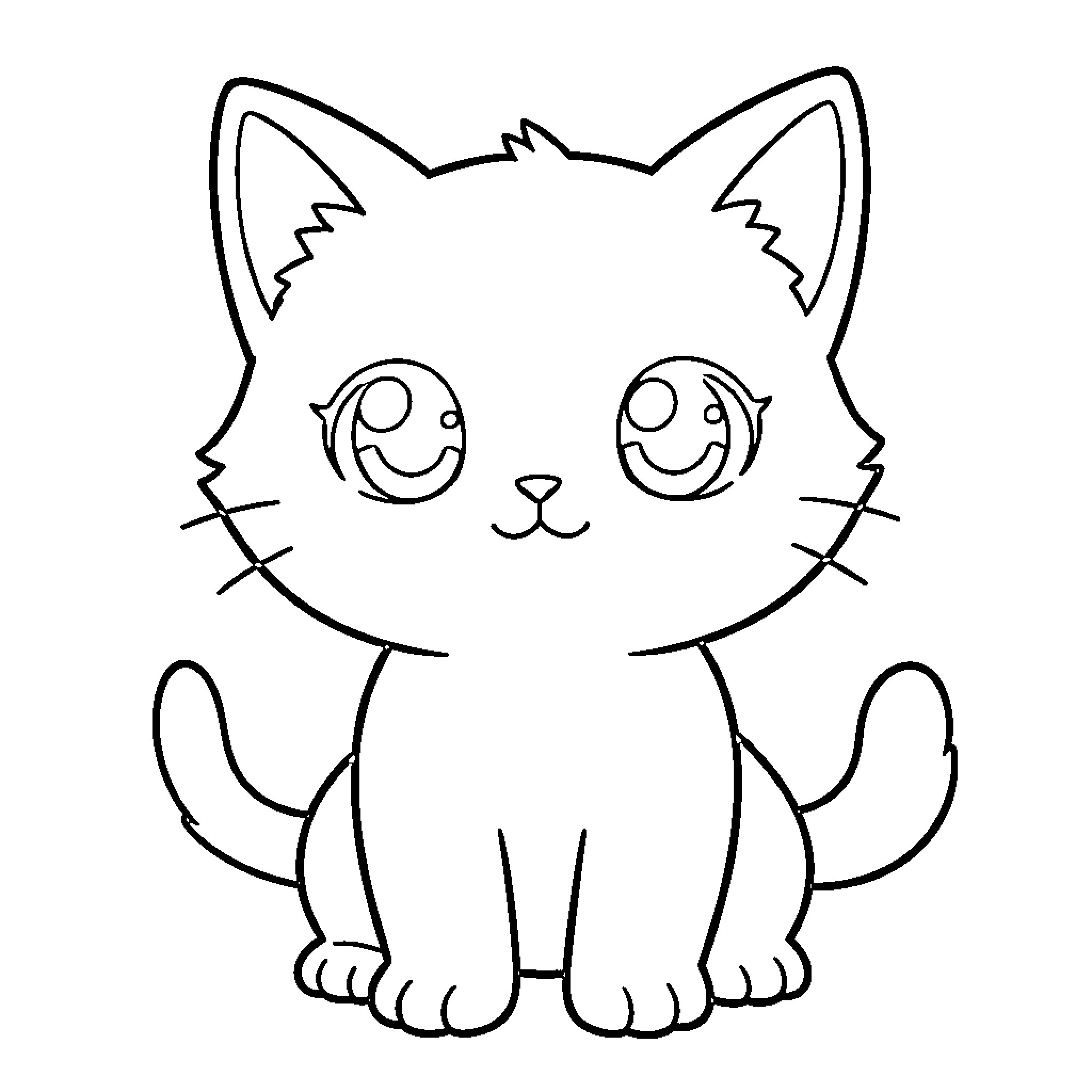 Kitten sitting with large curious eyes and a smile Coloring Page (free black-and-white line drawing printable PDF for all, from beginners to advanced learners, including children, teens, adults, and seniors)