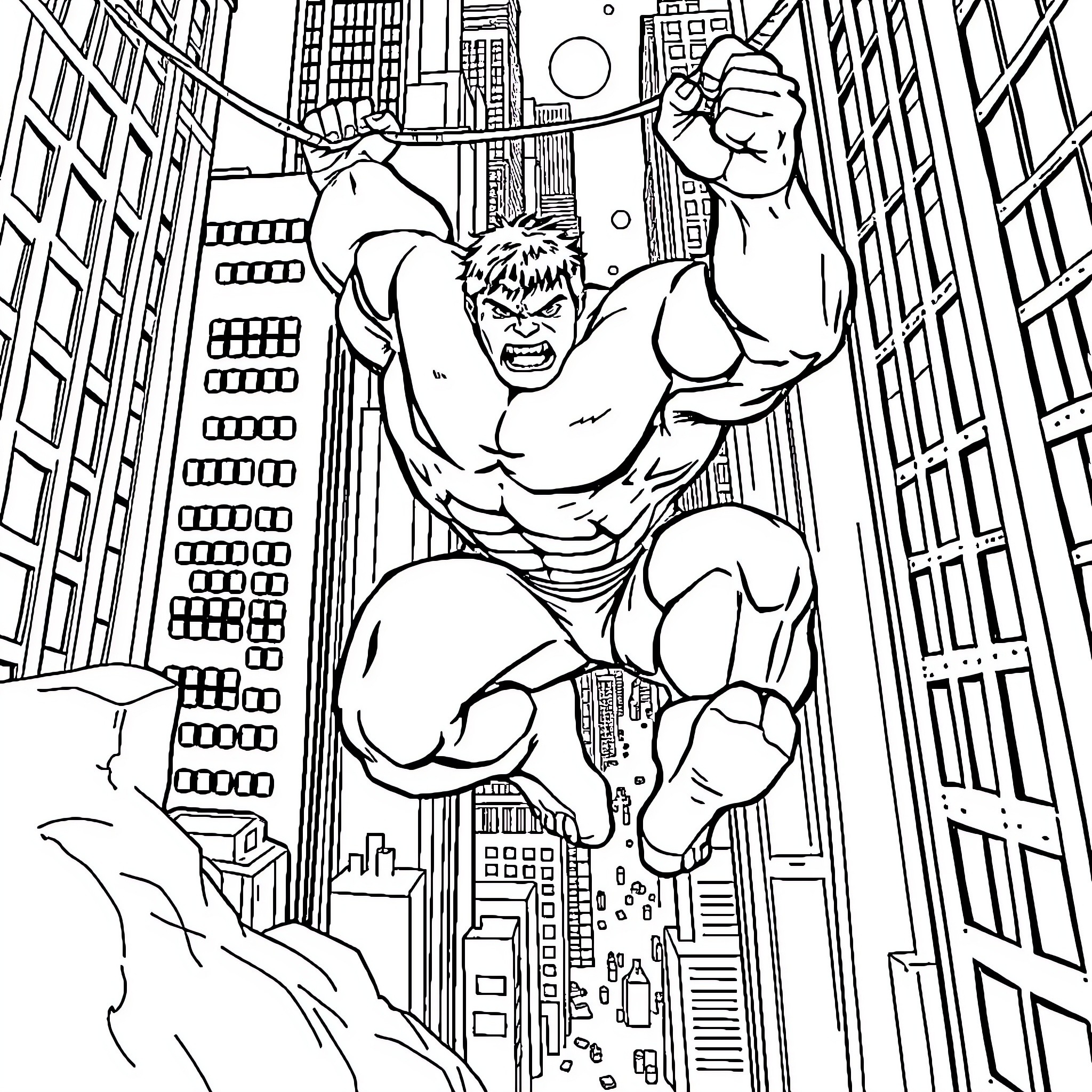 Hulk rampaging through the city skyline Coloring Page (free black-and-white line drawing printable PDF for all, from beginners to advanced learners, including children, teens, adults, and seniors)