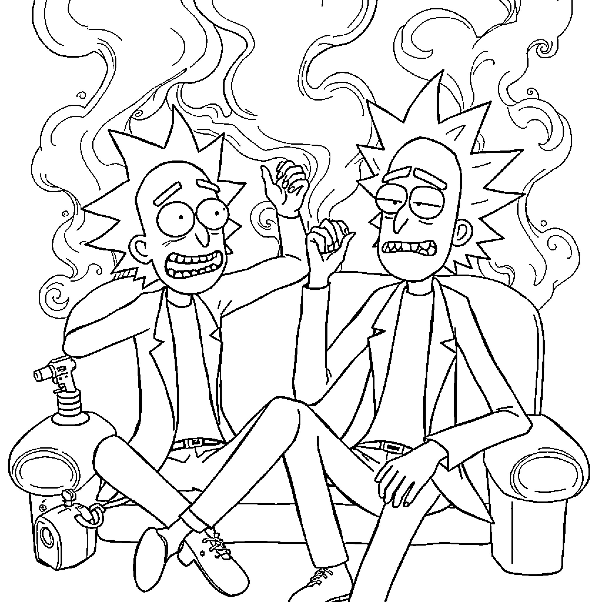 Rick and Morty's Crazy Adventure Coloring Page (free black-and-white line drawing printable PDF for all, from beginners to advanced learners, including children, teens, adults, and seniors)