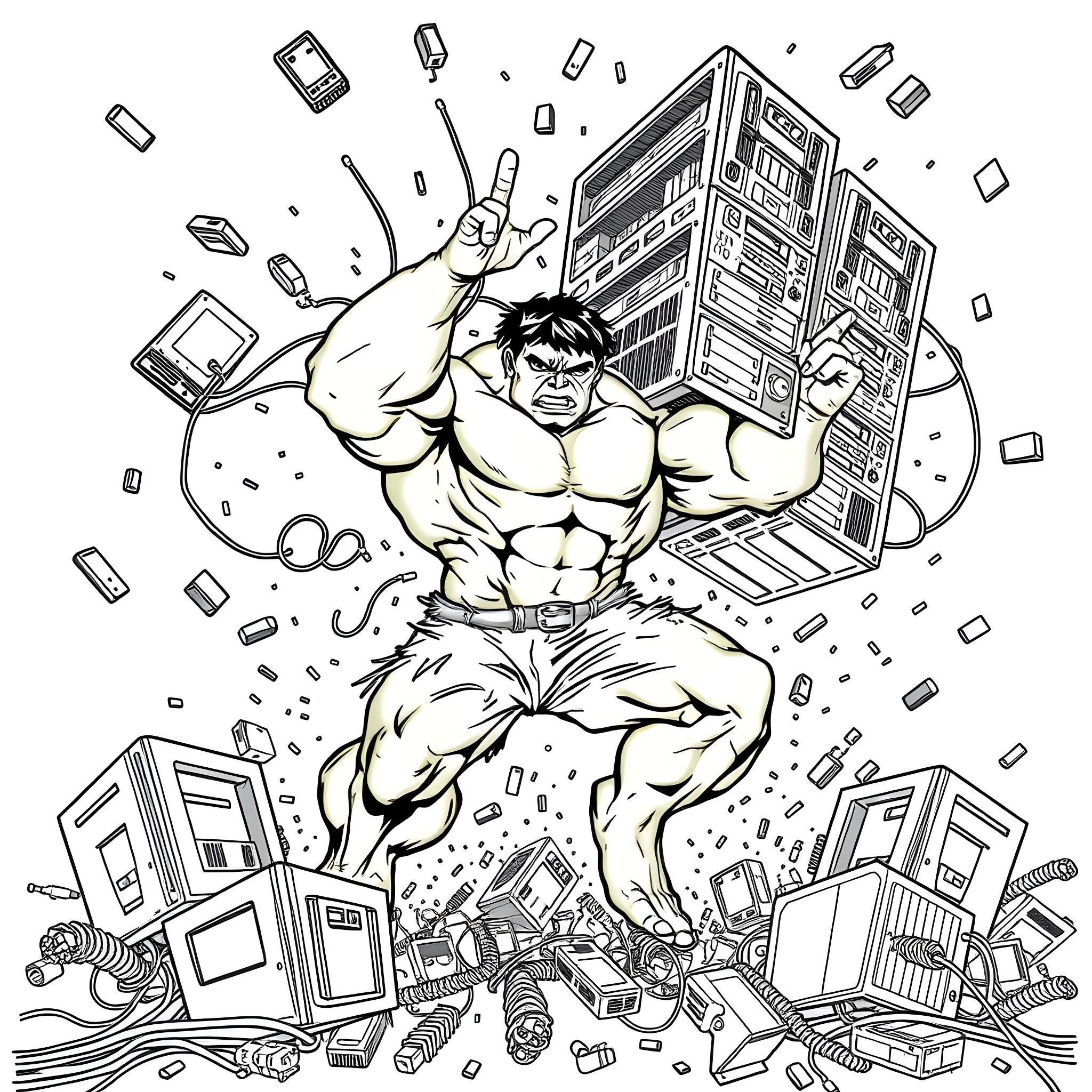 Hulk Smashing through Electronic Devices Coloring Page (free black-and-white line drawing printable PDF for all, from beginners to advanced learners, including children, teens, adults, and seniors)