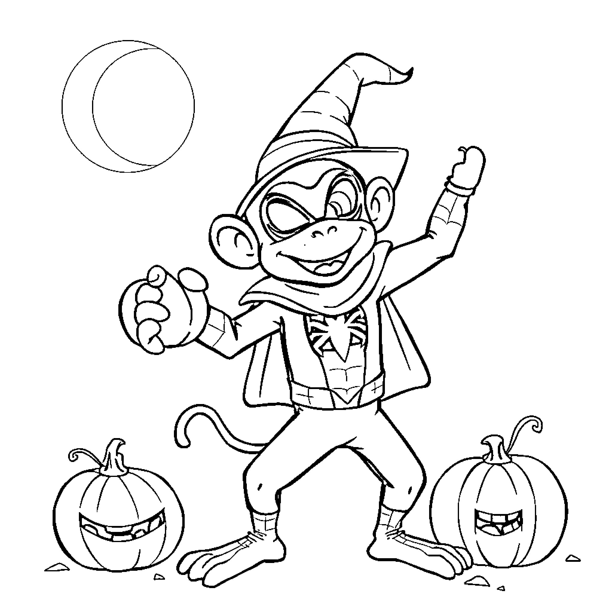 Monkey wearing a wizard hat playing with pumpkins Coloring Page (free black-and-white line drawing printable PDF for all, from beginners to advanced learners, including children, teens, adults, and seniors)