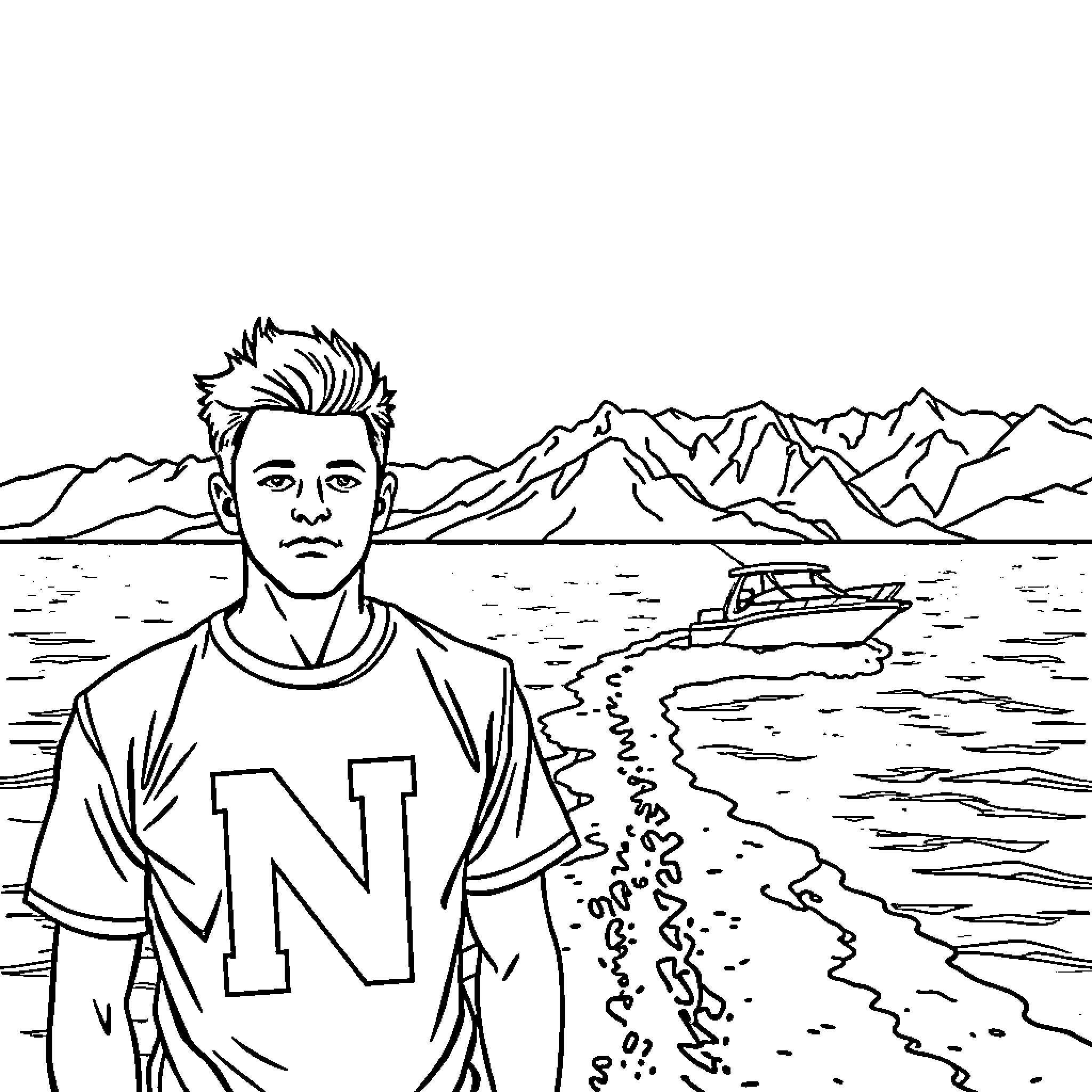Person standing in front of a boat and mountains Coloring Page (free black-and-white line drawing printable PDF for all, from beginners to advanced learners, including children, teens, adults, and seniors)