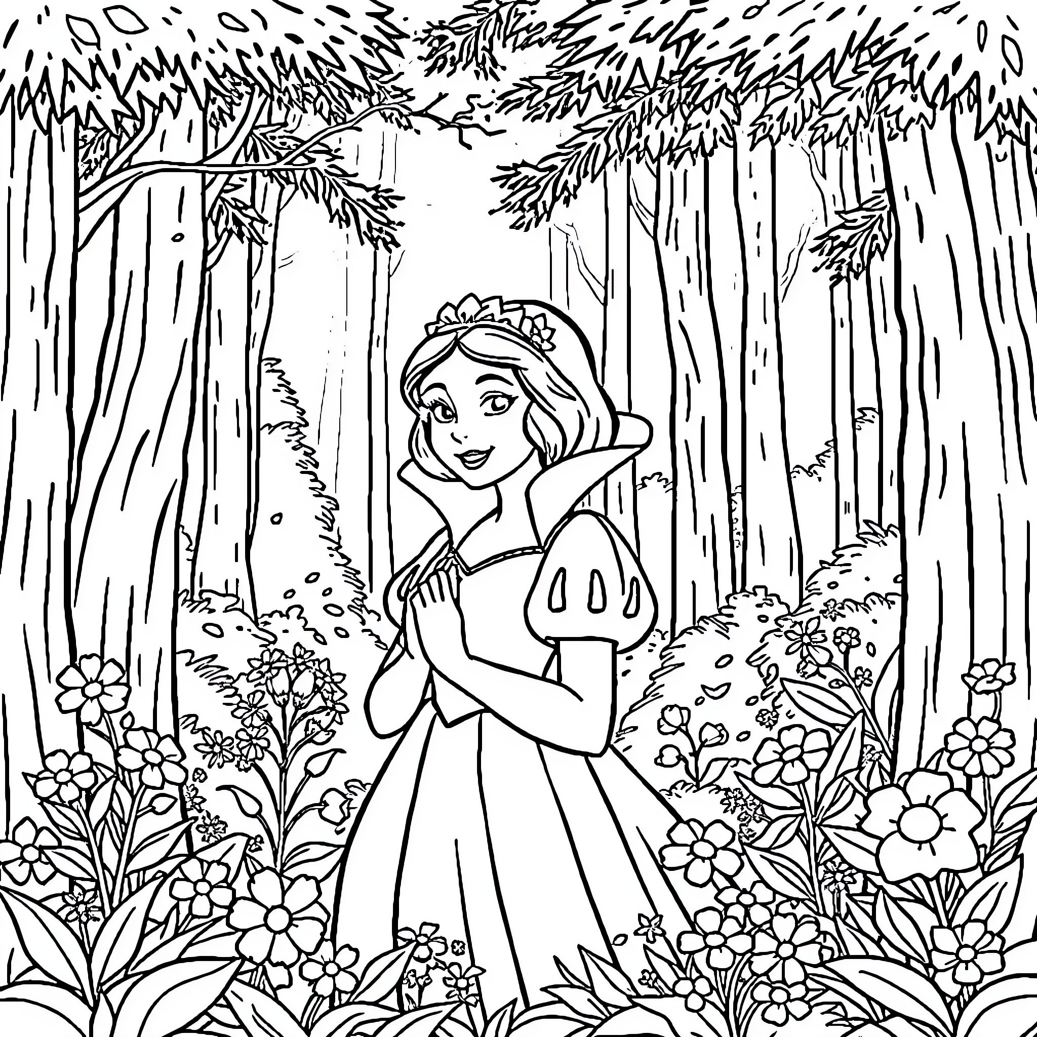 Snow White's Enchanting Forest Adventure Coloring Page (free black-and-white line drawing printable PDF for all, from beginners to advanced learners, including children, teens, adults, and seniors)