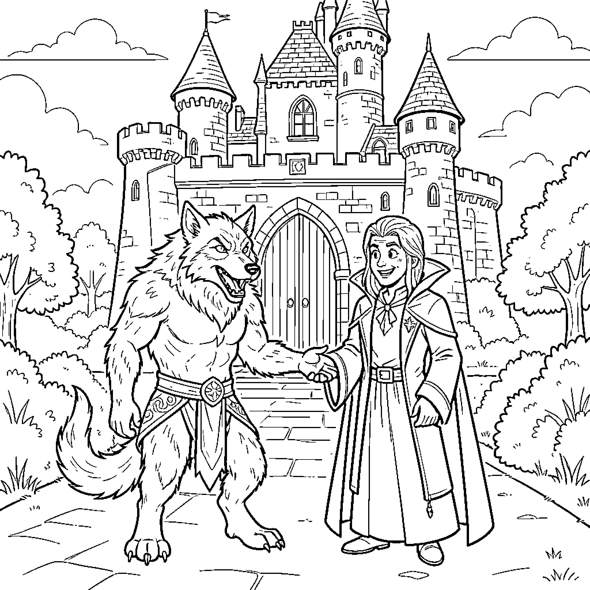 Loup Garou shaking hands with a person in front of a castle Coloring Page (free black-and-white line drawing printable PDF for all, from beginners to advanced learners, including children, teens, adults, and seniors)