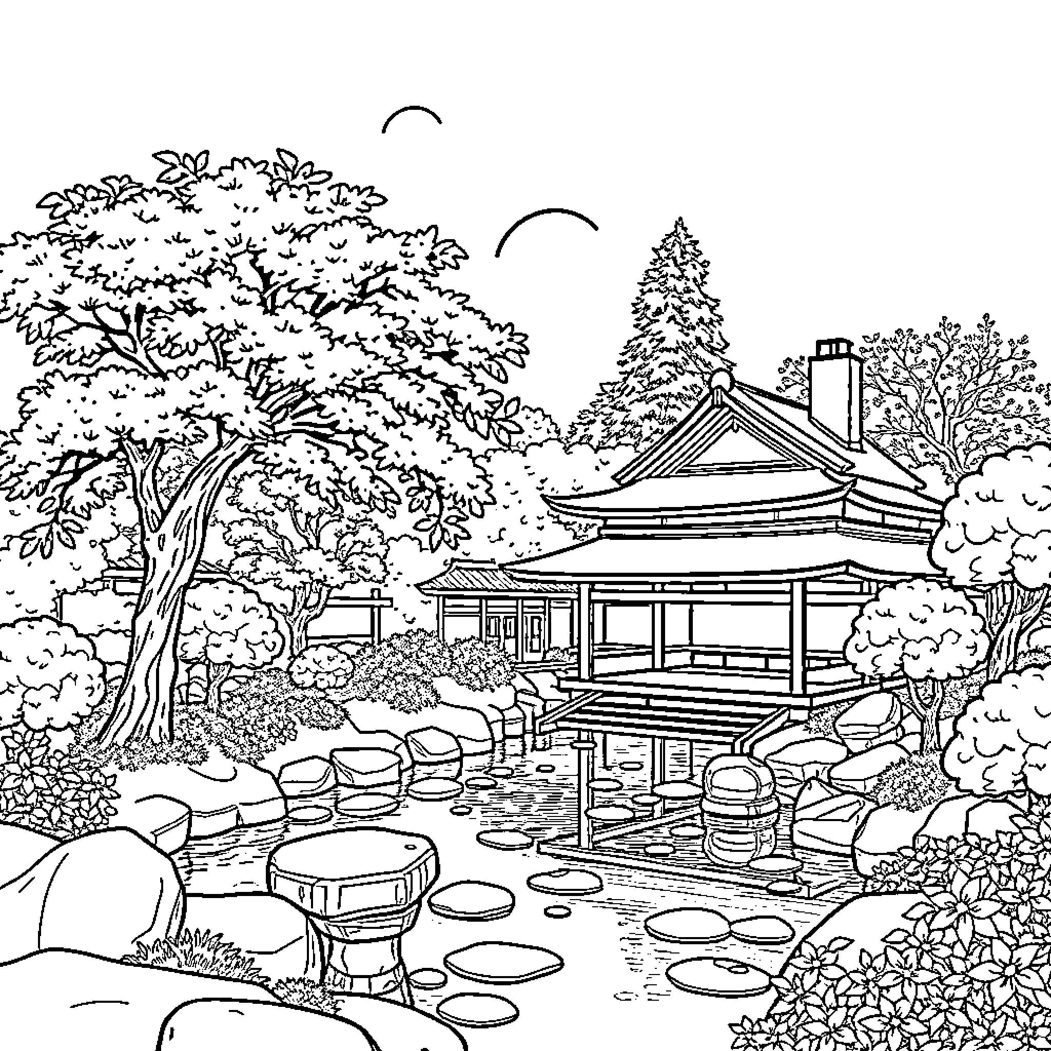 Water Tree Pavilion in Serene Garden Landscape Coloring Page (free black-and-white line drawing printable PDF for all, from beginners to advanced learners, including children, teens, adults, and seniors)