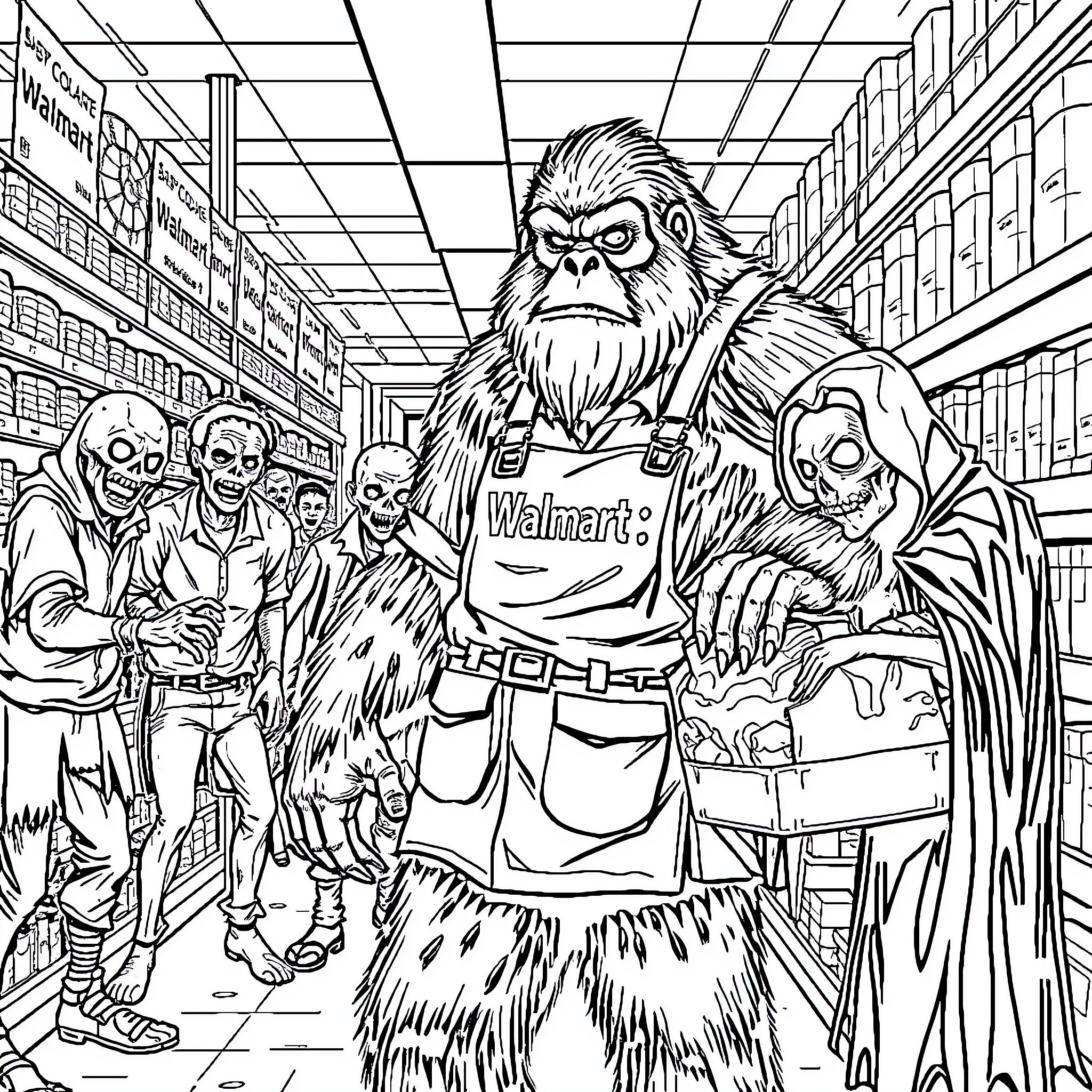 Bigfoot shopping at Walmart with undead companions Coloring Page (free black-and-white line drawing printable PDF for all, from beginners to advanced learners, including children, teens, adults, and seniors)