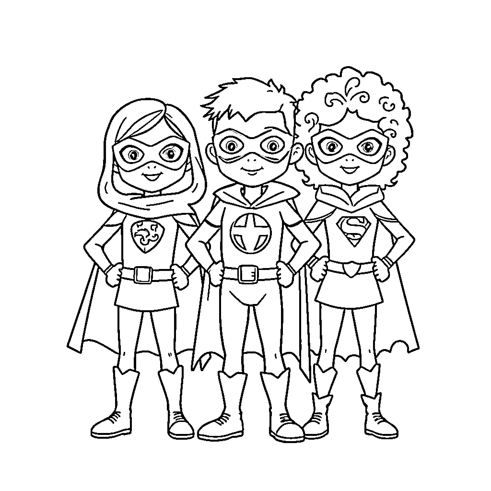 Fruit Superheroes Pose Together Coloring Page (free black-and-white line drawing printable PDF for all, from beginners to advanced learners, including children, teens, adults, and seniors)