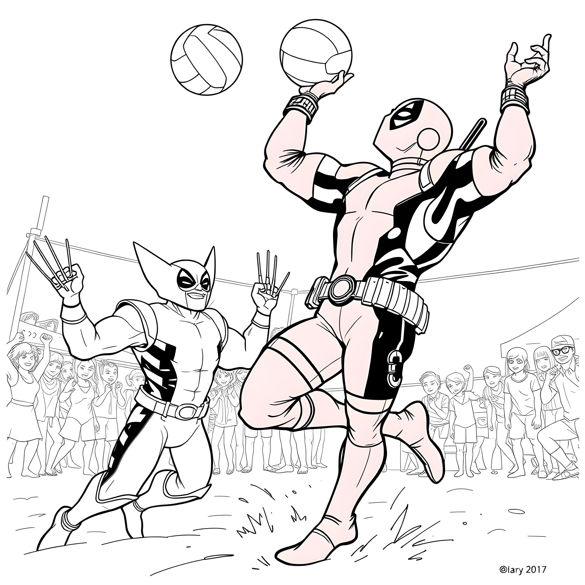 Deadpool's Superhero Shenanigans on the Court Coloring Page (free black-and-white line drawing printable PDF for all, from beginners to advanced learners, including children, teens, adults, and seniors)