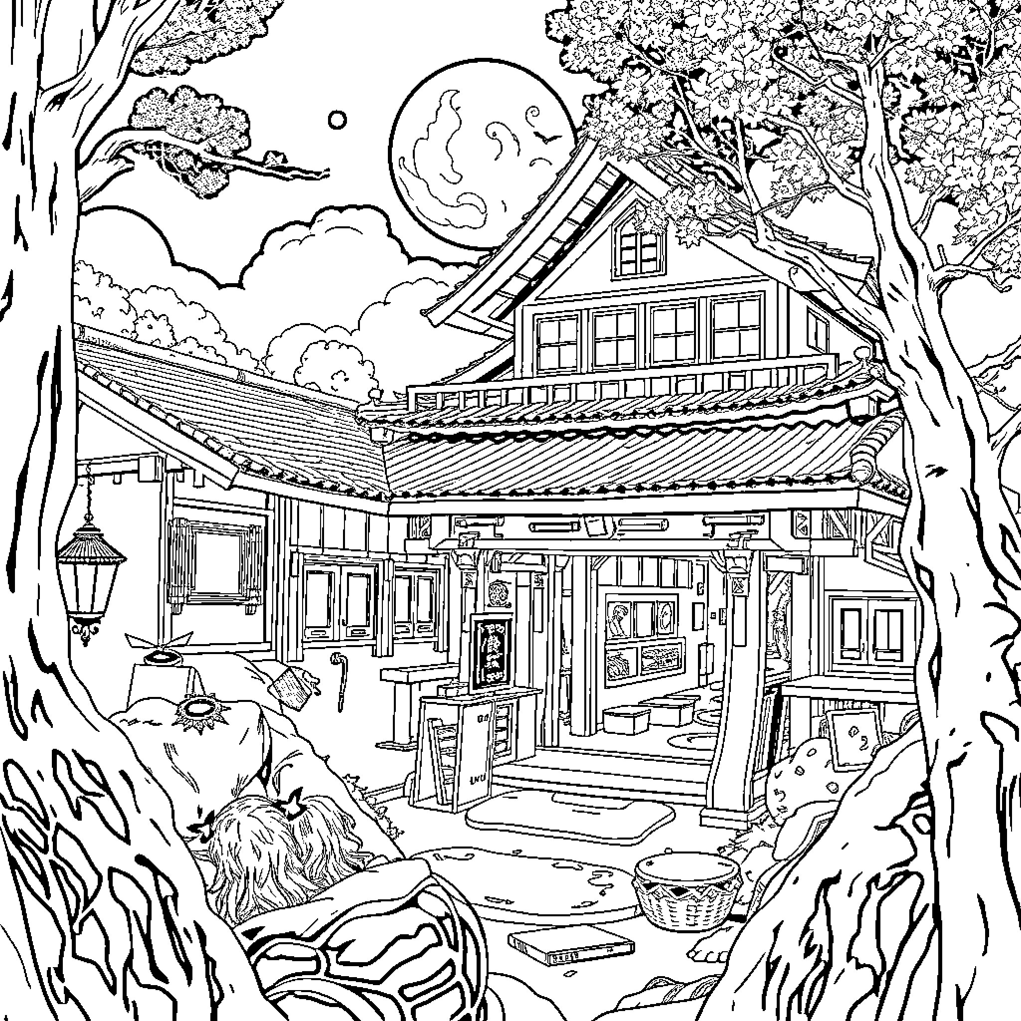 Genga: Serene Japanese Village Landscape Coloring Page (free black-and-white line drawing printable PDF for all, from beginners to advanced learners, including children, teens, adults, and seniors)