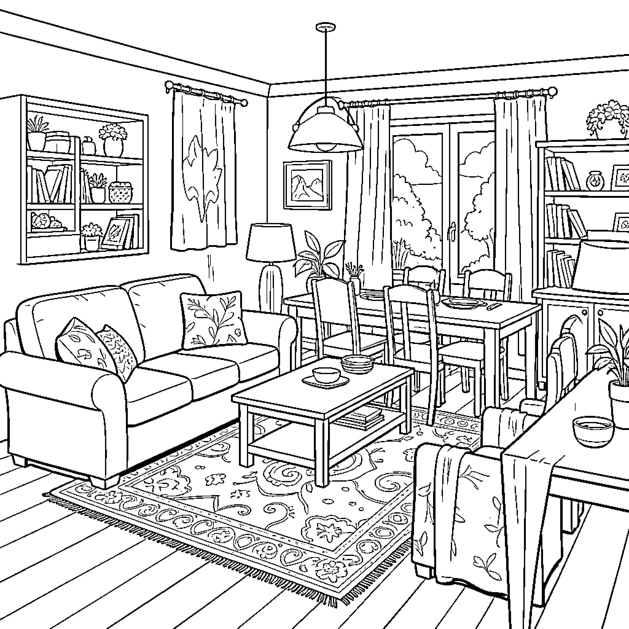 Dining Room and living area with cozy furniture Coloring Page (free black-and-white line drawing printable PDF for all, from beginners to advanced learners, including children, teens, adults, and seniors)