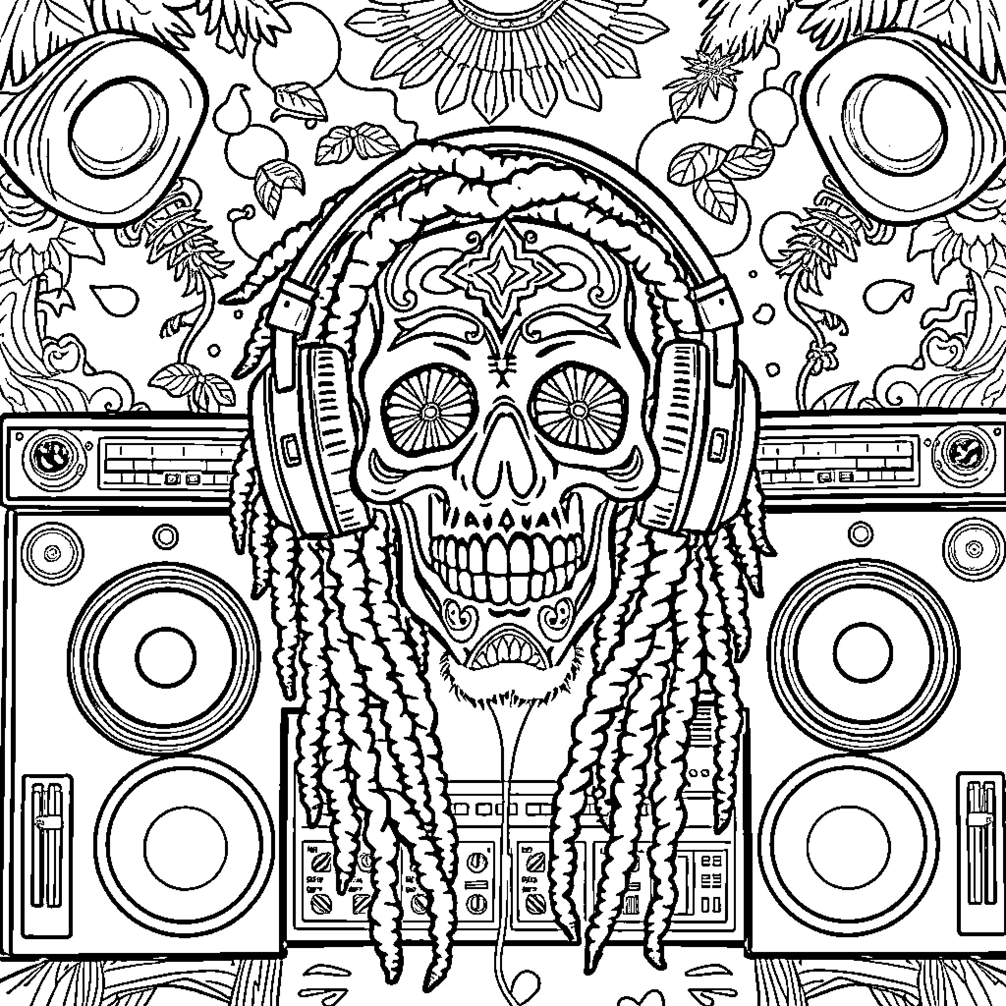 Sugar Skull Enjoying Music with Headphones Coloring Page (free black-and-white line drawing printable PDF for all, from beginners to advanced learners, including children, teens, adults, and seniors)