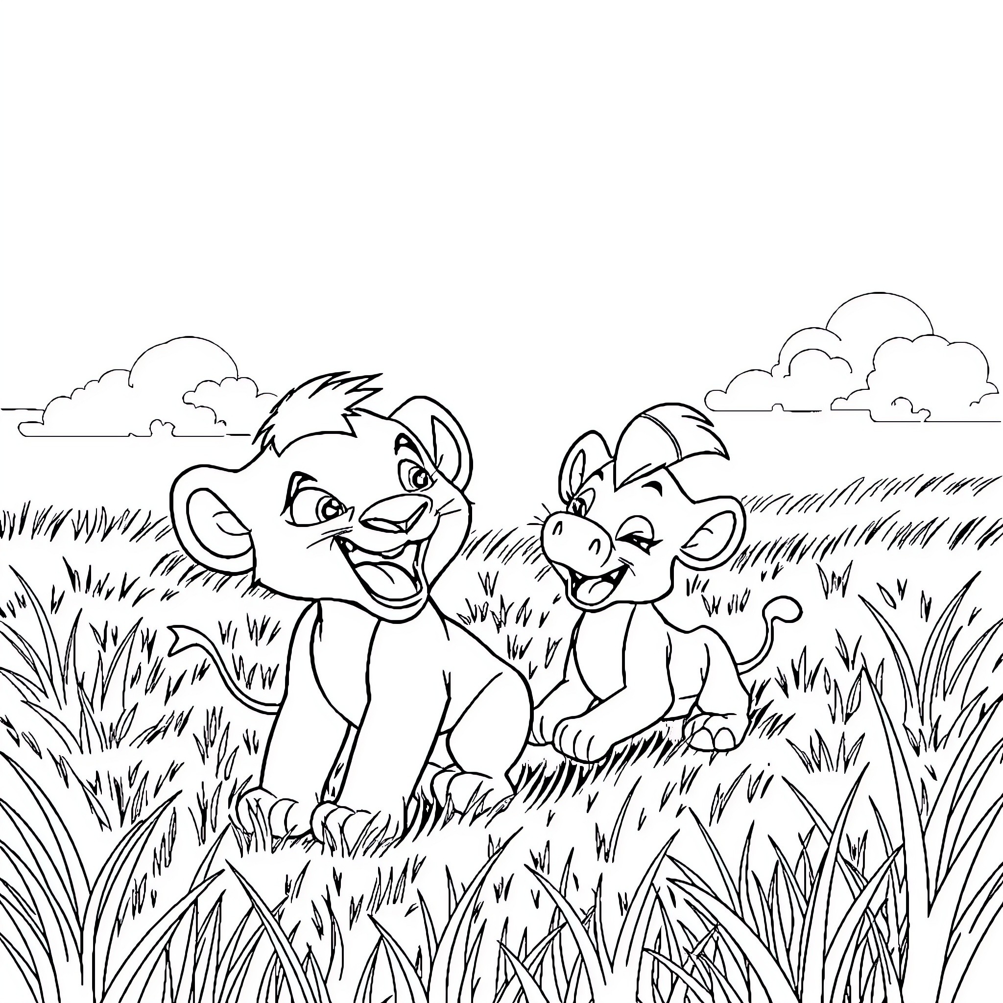 Simba and Friends Explore the Grasslands Coloring Page (free black-and-white line drawing printable PDF for all, from beginners to advanced learners, including children, teens, adults, and seniors)