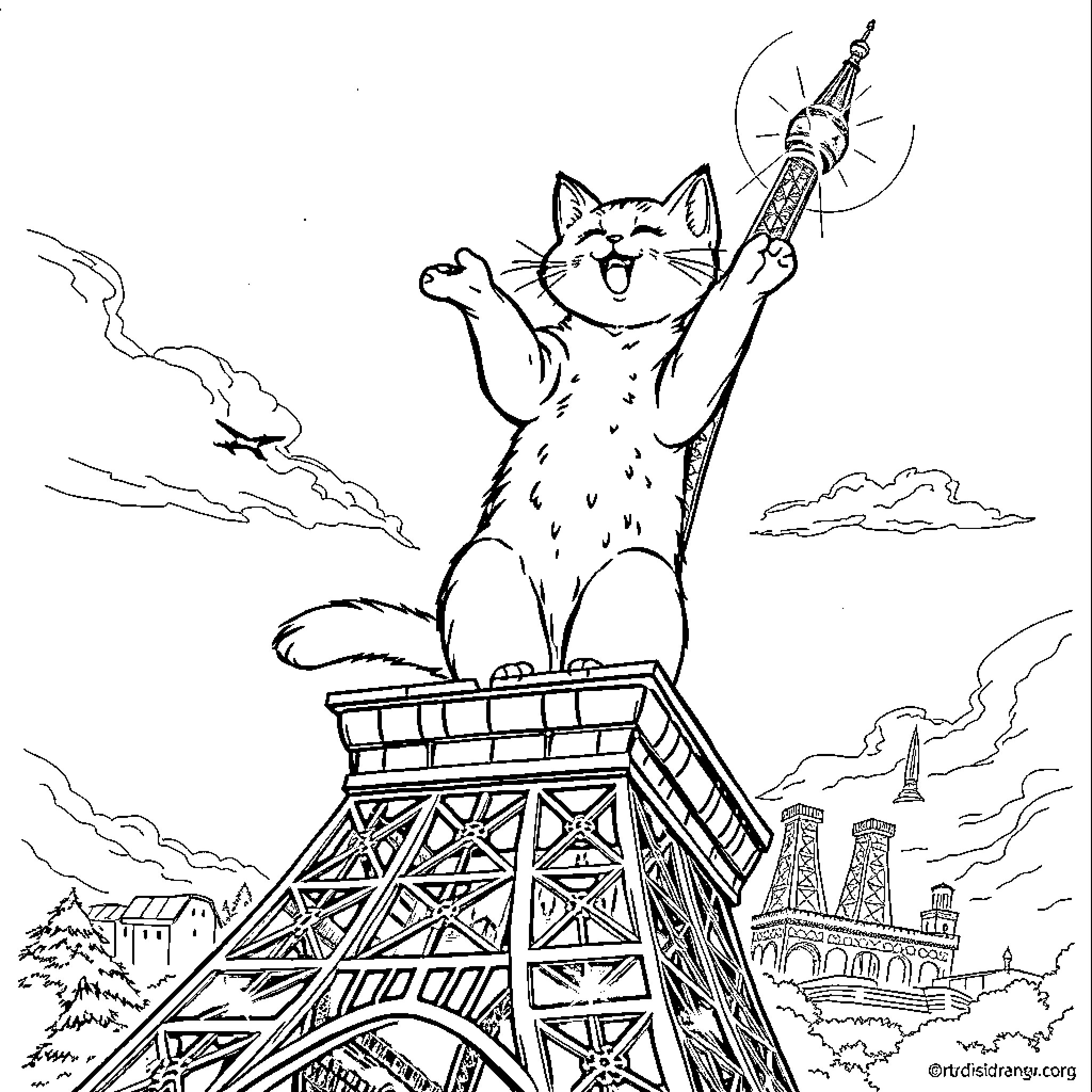 Katseye's Joyful Antics atop the Eiffel Tower Coloring Page (free black-and-white line drawing printable PDF for all, from beginners to advanced learners, including children, teens, adults, and seniors)
