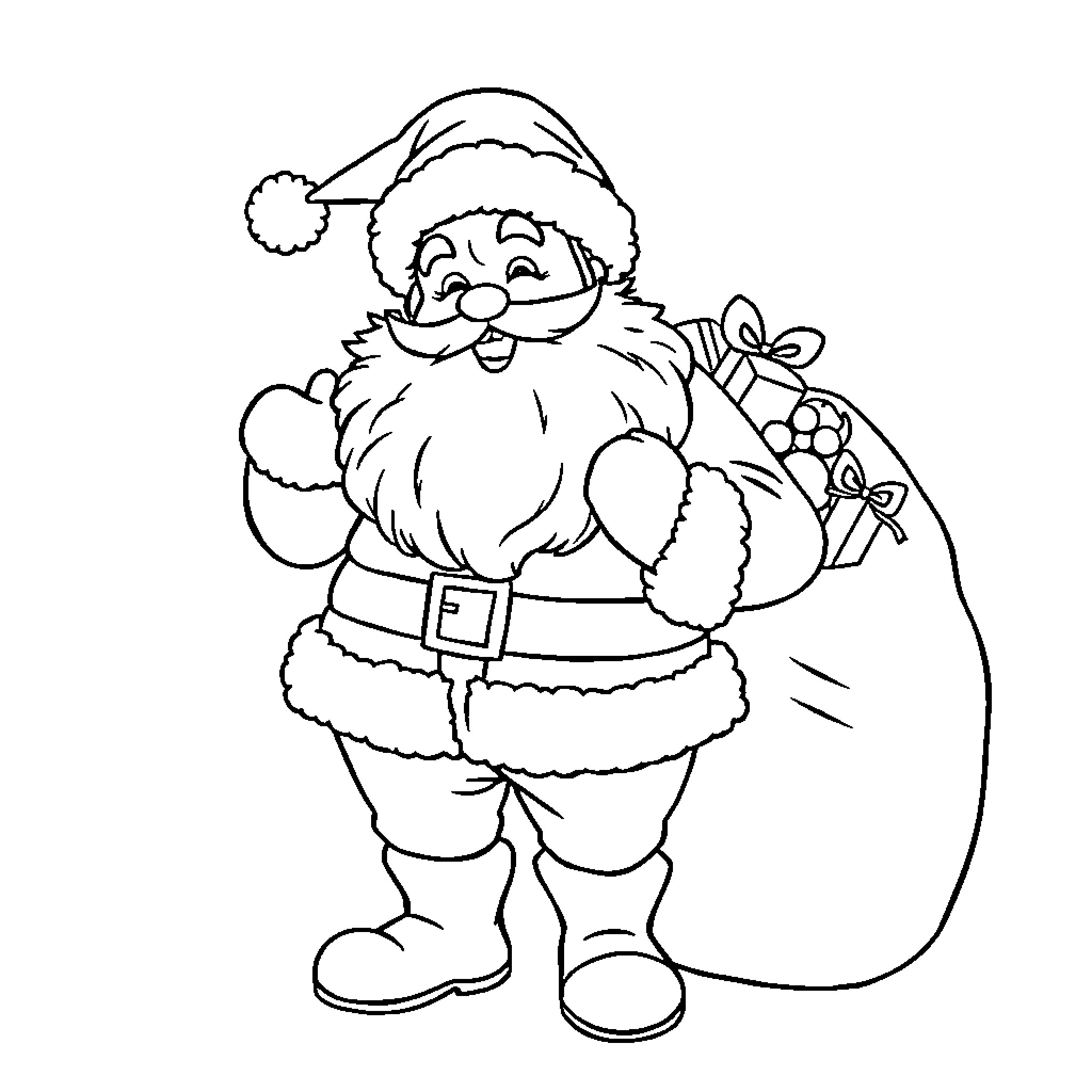 Santa Claus delivering gifts with a bag Coloring Page (free black-and-white line drawing printable PDF for all, from beginners to advanced learners, including children, teens, adults, and seniors)