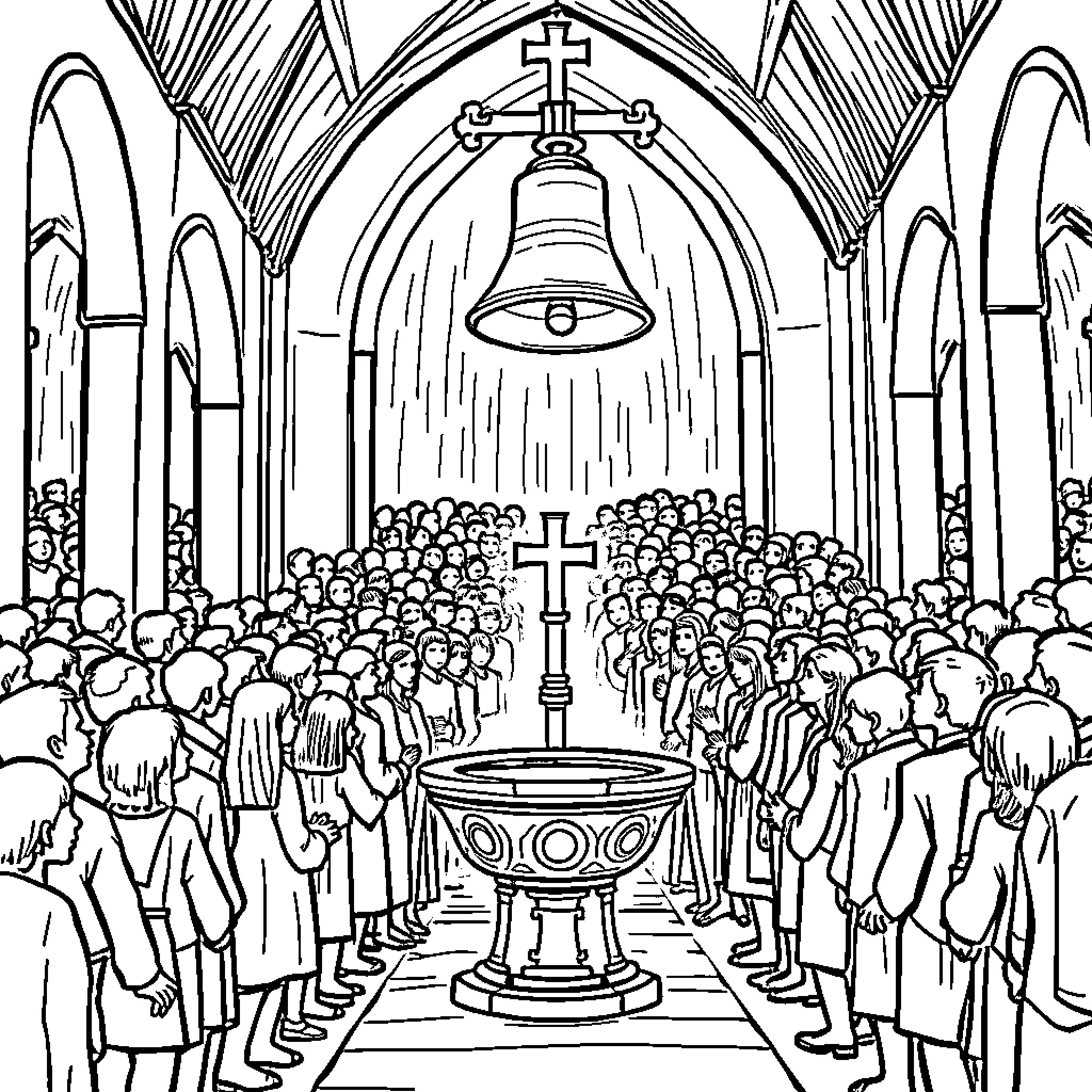 Church service with worshipers in prayer and congregation Coloring Page (free black-and-white line drawing printable PDF for all, from beginners to advanced learners, including children, teens, adults, and seniors)