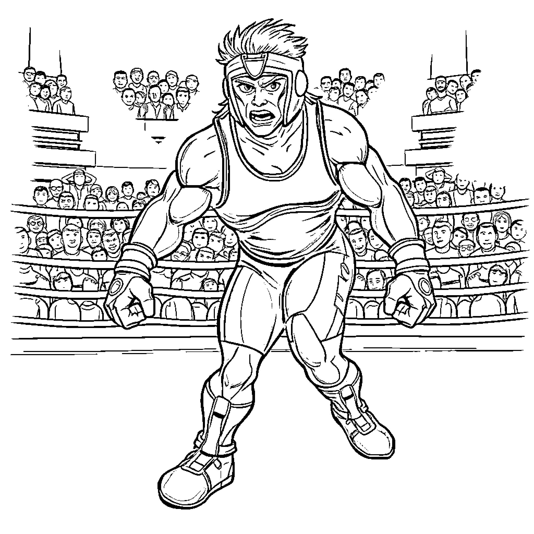 Wrestler Competing in Intense Wrestling Match Coloring Page (free black-and-white line drawing printable PDF for all, from beginners to advanced learners, including children, teens, adults, and seniors)