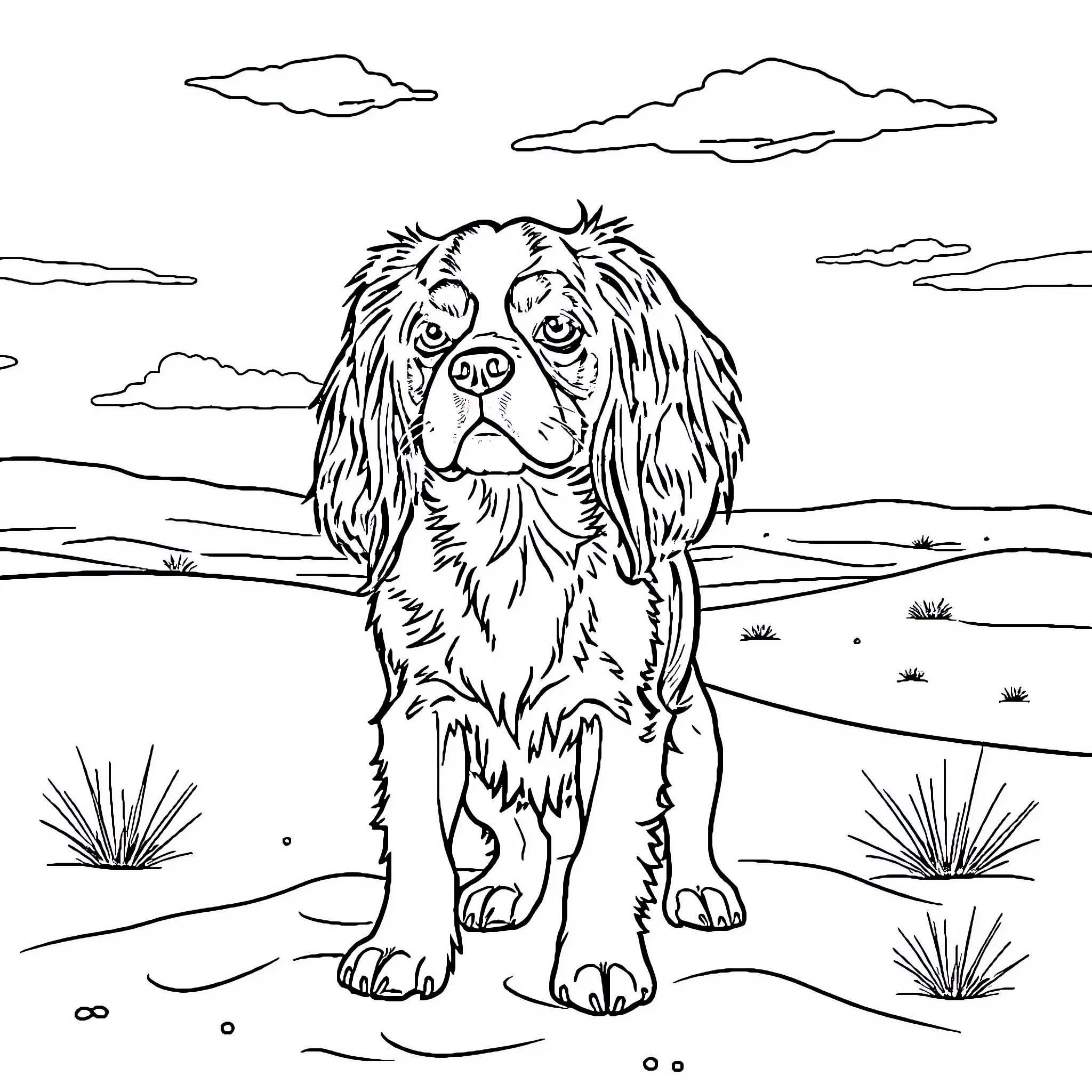 Cavalier King Charles Spaniel exploring the countryside Coloring Page (free black-and-white line drawing printable PDF for all, from beginners to advanced learners, including children, teens, adults, and seniors)