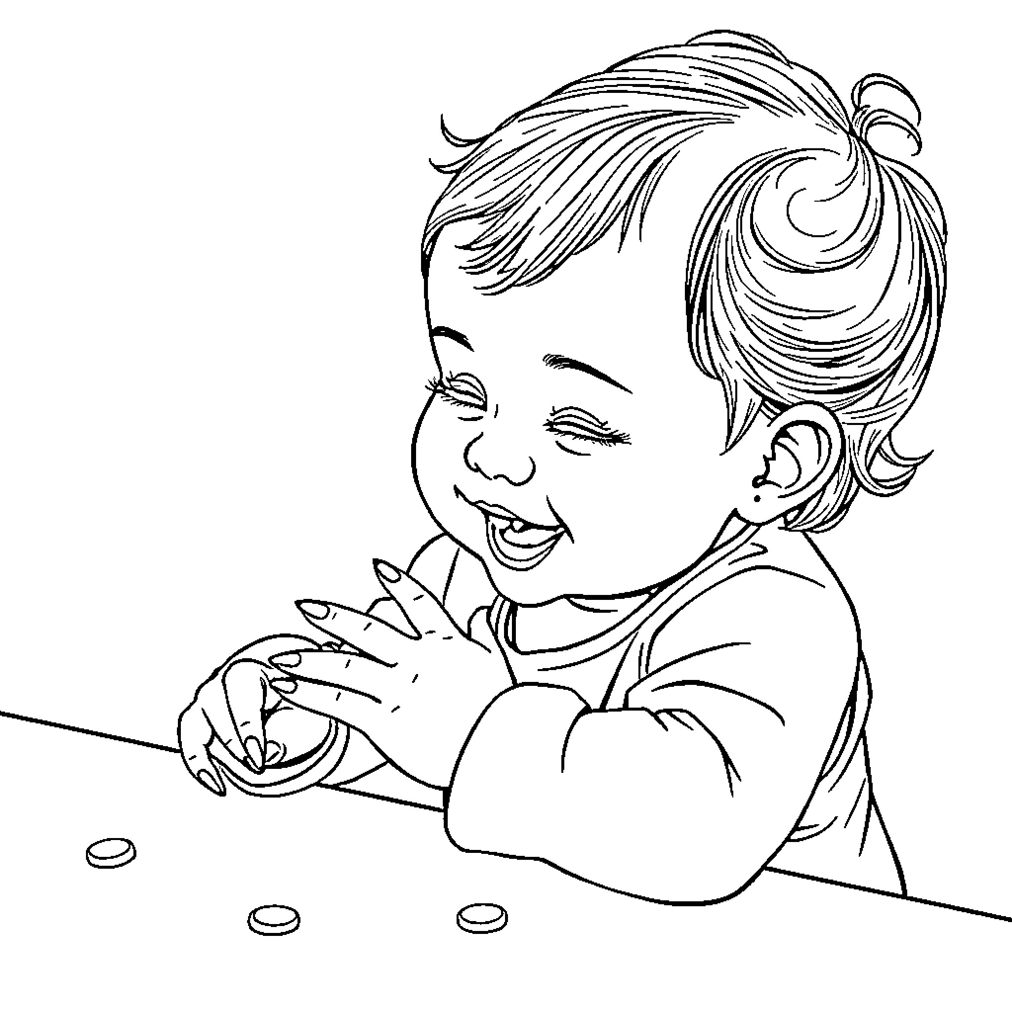 Toddler joyfully playing with toys on the floor Coloring Page (free black-and-white line drawing printable PDF for all, from beginners to advanced learners, including children, teens, adults, and seniors)