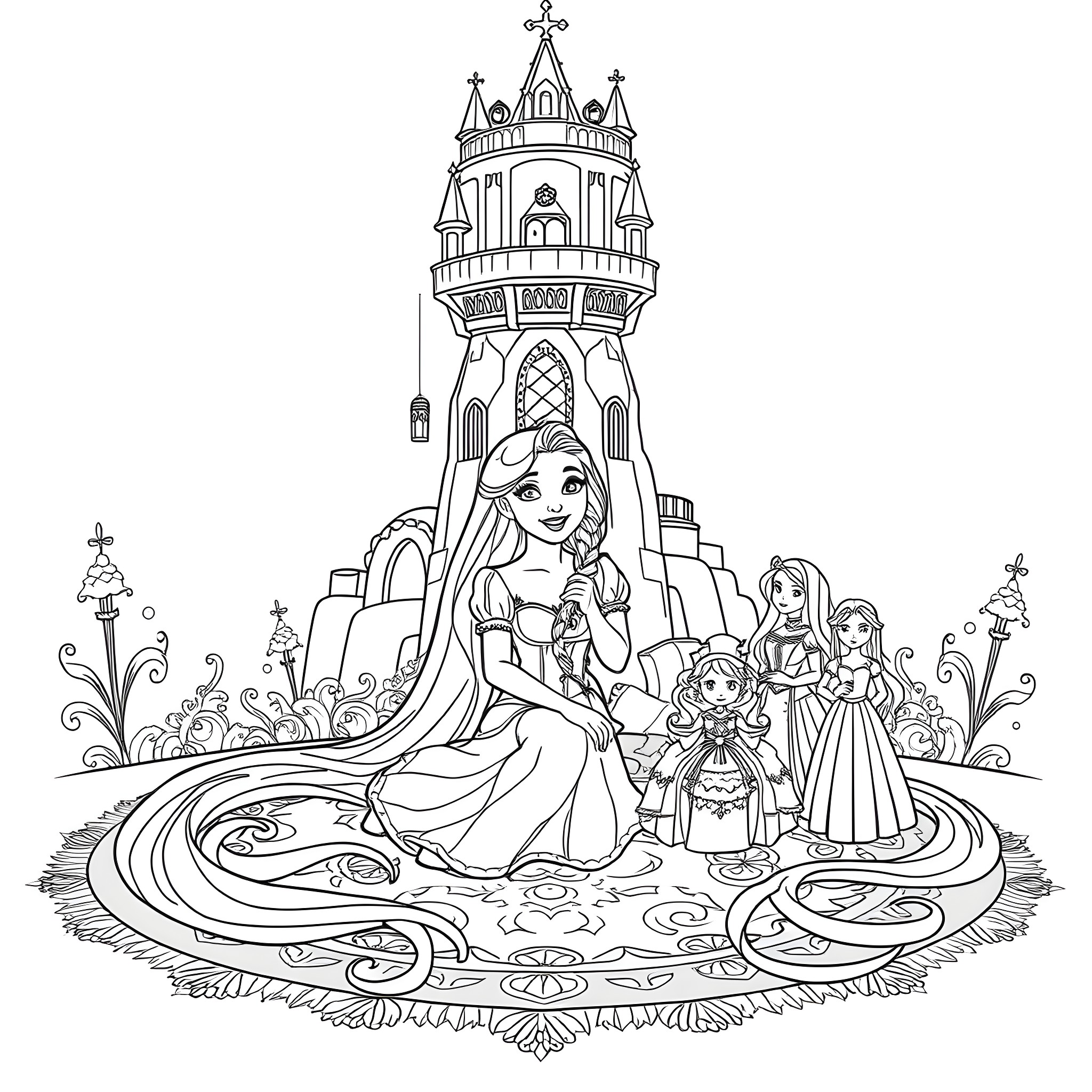 Rapunzel and her Princess Friends in the Castle Courtyard Coloring Page (free black-and-white line drawing printable PDF for all, from beginners to advanced learners, including children, teens, adults, and seniors)