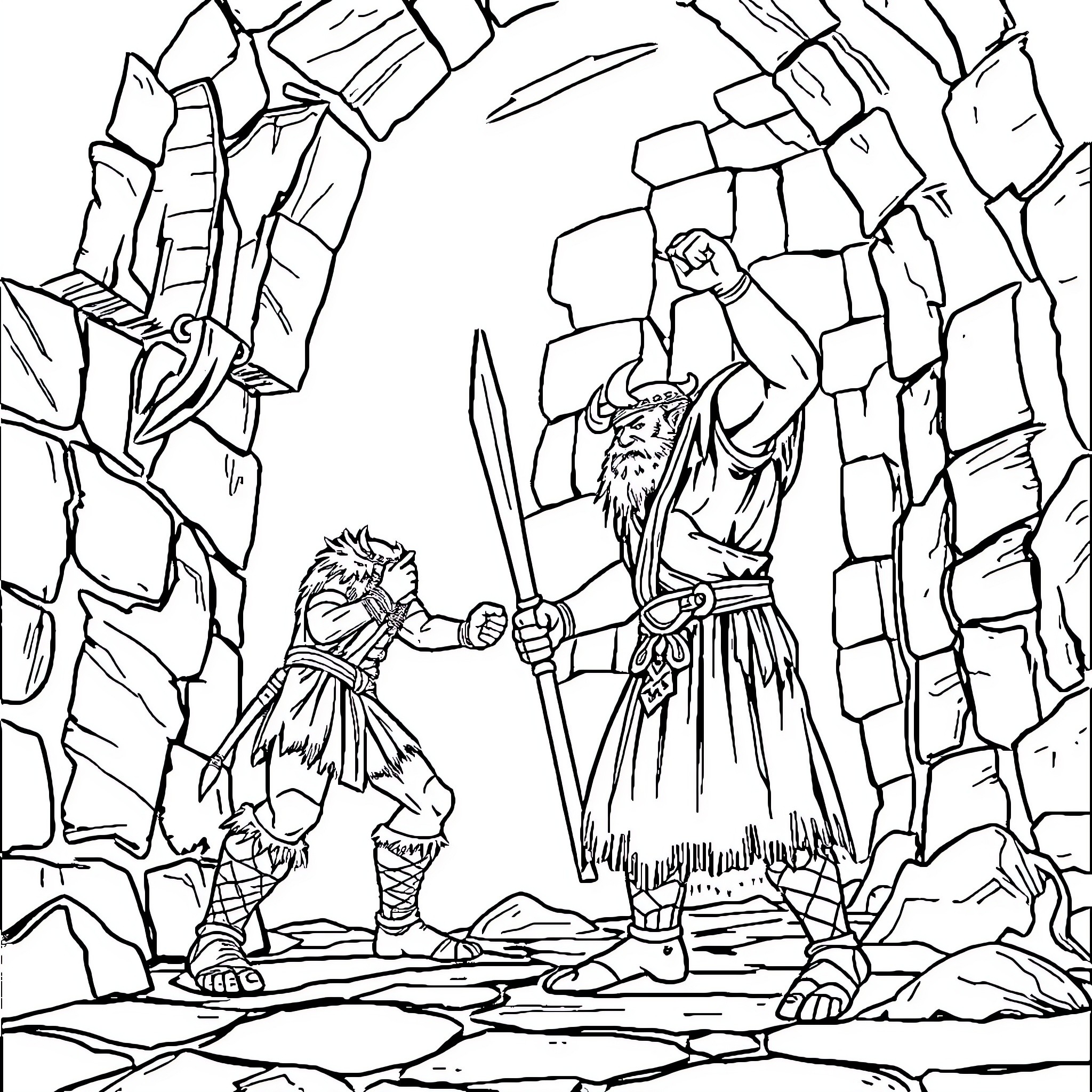 Beowulf's battle against the monstrous creature in the cave Coloring Page (free black-and-white line drawing printable PDF for all, from beginners to advanced learners, including children, teens, adults, and seniors)