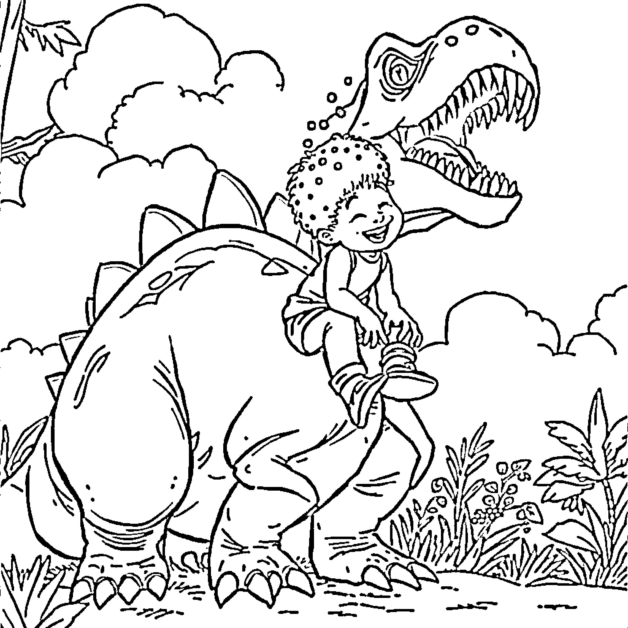 Dinosaur Rider Exploring Prehistoric Landscape Coloring Page (free black-and-white line drawing printable PDF for all, from beginners to advanced learners, including children, teens, adults, and seniors)
