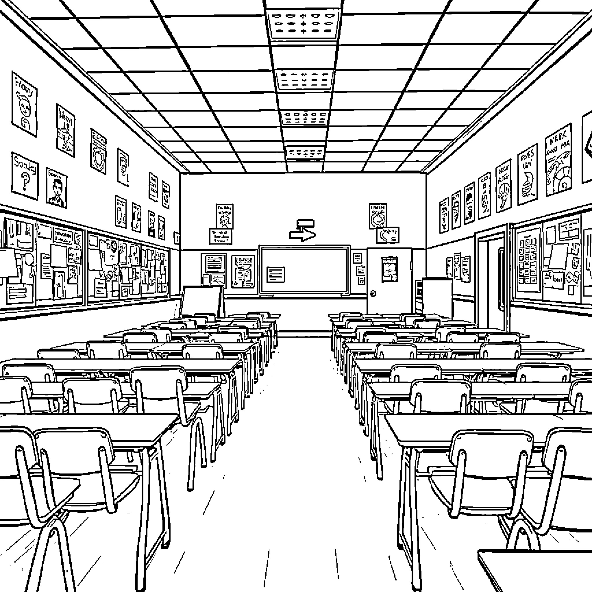 Classroom with Desks and Furnishings Coloring Page (free black-and-white line drawing printable PDF for all, from beginners to advanced learners, including children, teens, adults, and seniors)