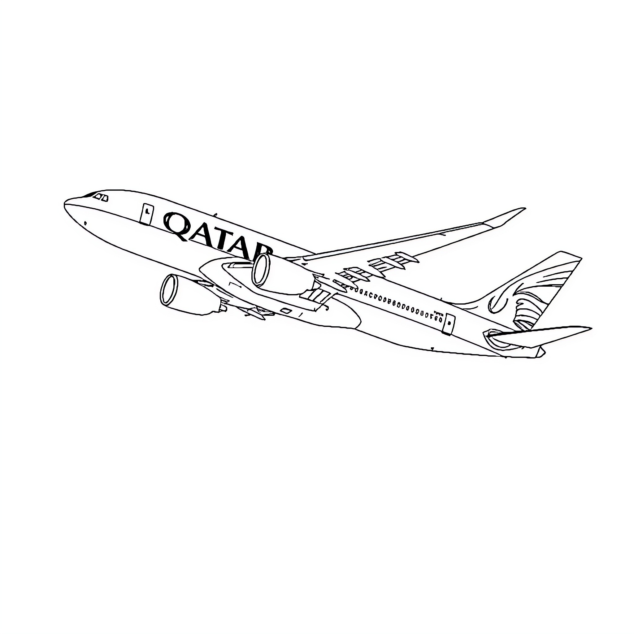 Airplane taking off with Qatar livery Coloring Page (free black-and-white line drawing printable PDF for all, from beginners to advanced learners, including children, teens, adults, and seniors)