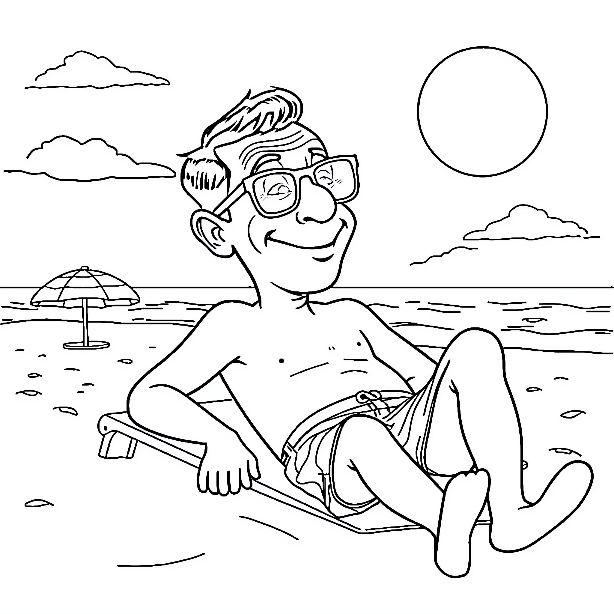 Mr Bean relaxing on the beach Coloring Page (free black-and-white line drawing printable PDF for all, from beginners to advanced learners, including children, teens, adults, and seniors)