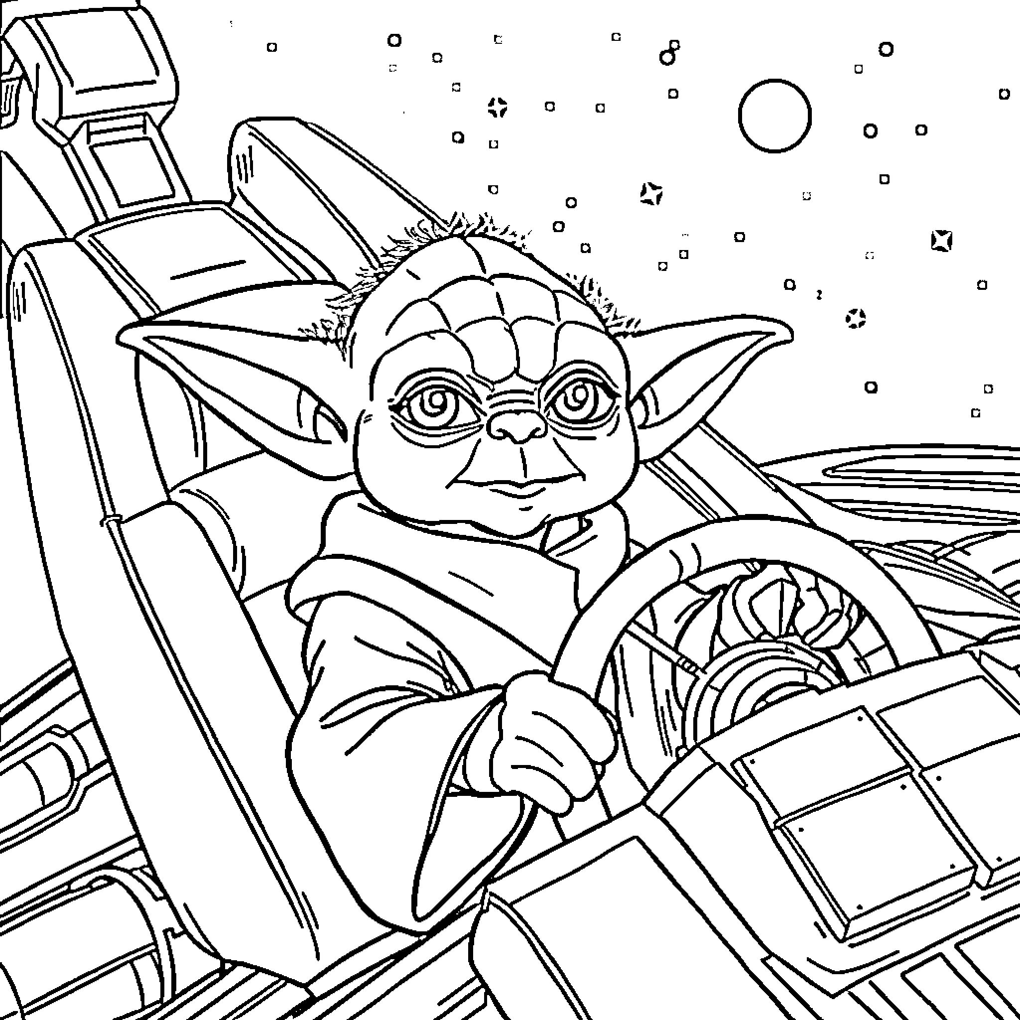 Yoda operating a space vehicle Coloring Page (free black-and-white line drawing printable PDF for all, from beginners to advanced learners, including children, teens, adults, and seniors)