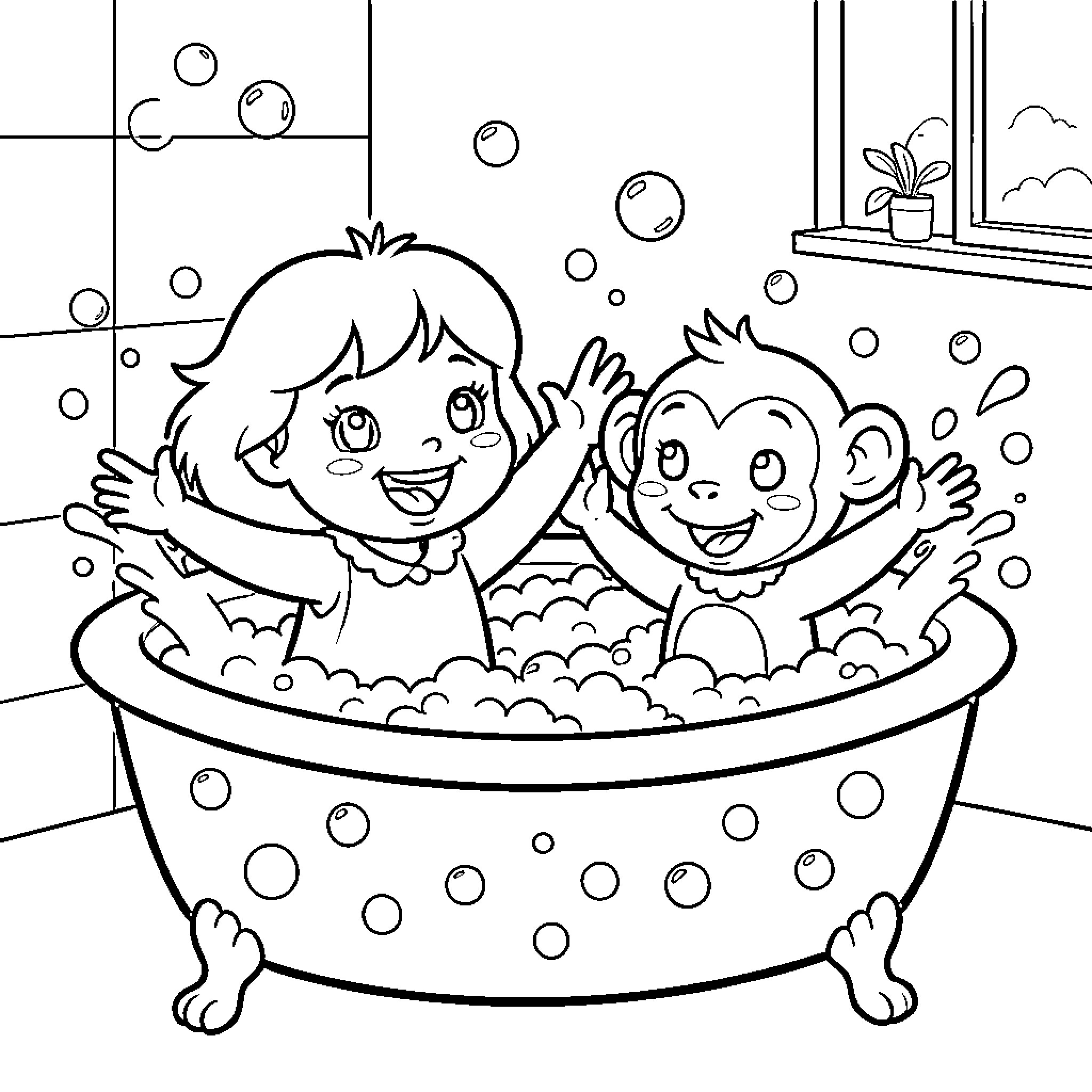 Dora and Diego Enjoy a Bubbly Bath Coloring Page (free black-and-white line drawing printable PDF for all, from beginners to advanced learners, including children, teens, adults, and seniors)