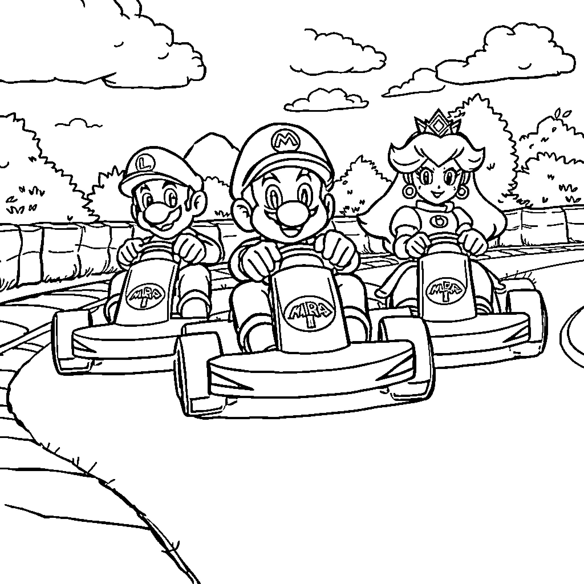 Mario's Kart Racing Adventure Coloring Page (free black-and-white line drawing printable PDF for all, from beginners to advanced learners, including children, teens, adults, and seniors)