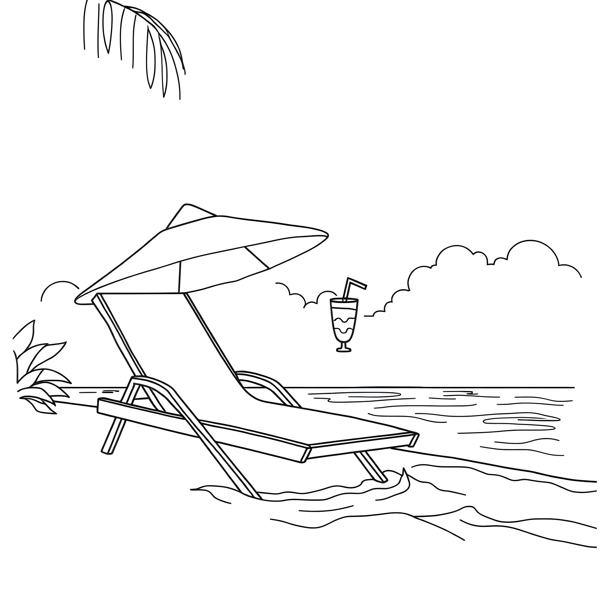 Beach scene with sunlounger and umbrella Coloring Page (free black-and-white line drawing printable PDF for all, from beginners to advanced learners, including children, teens, adults, and seniors)