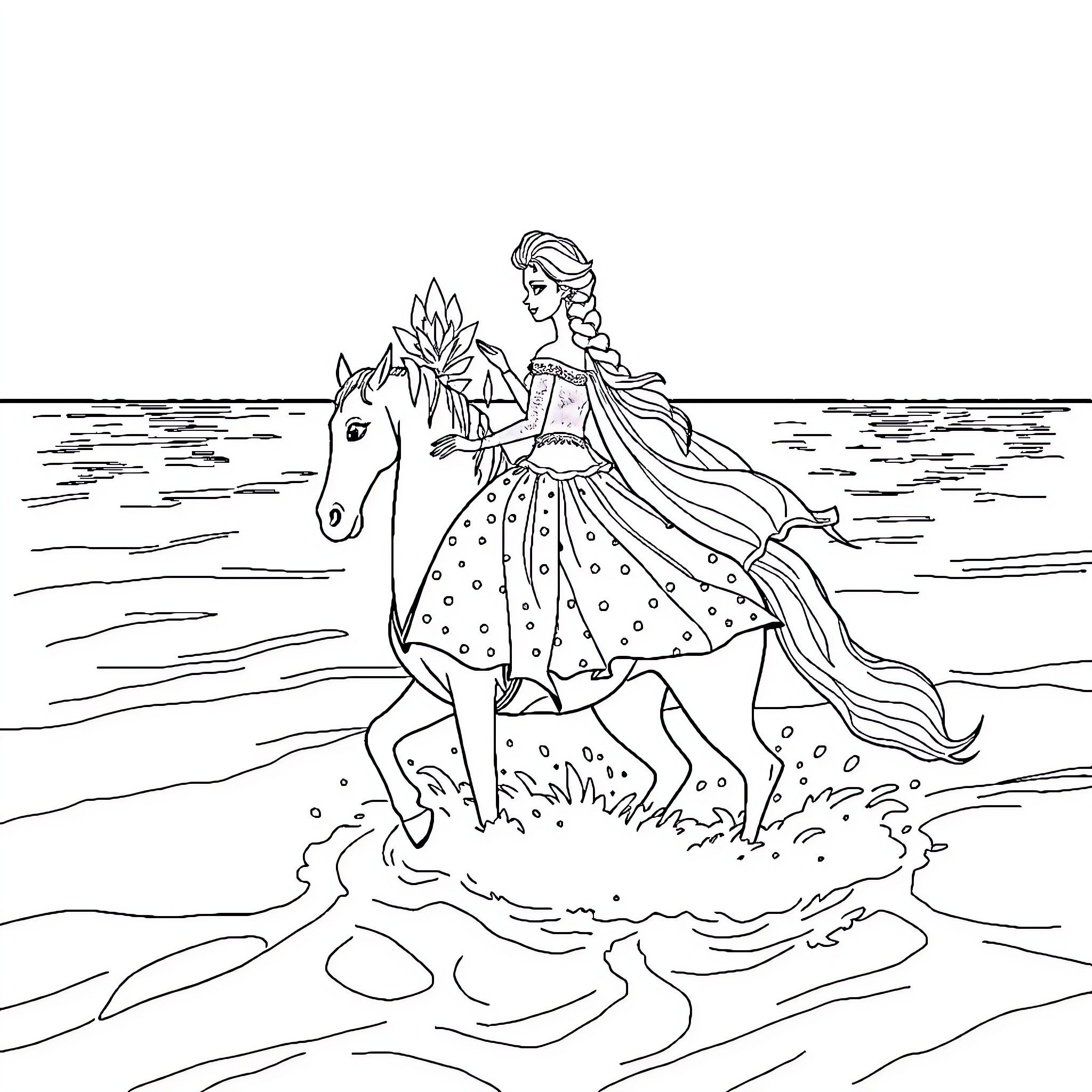 Elsa riding her horse along the shore Coloring Page (free black-and-white line drawing printable PDF for all, from beginners to advanced learners, including children, teens, adults, and seniors)