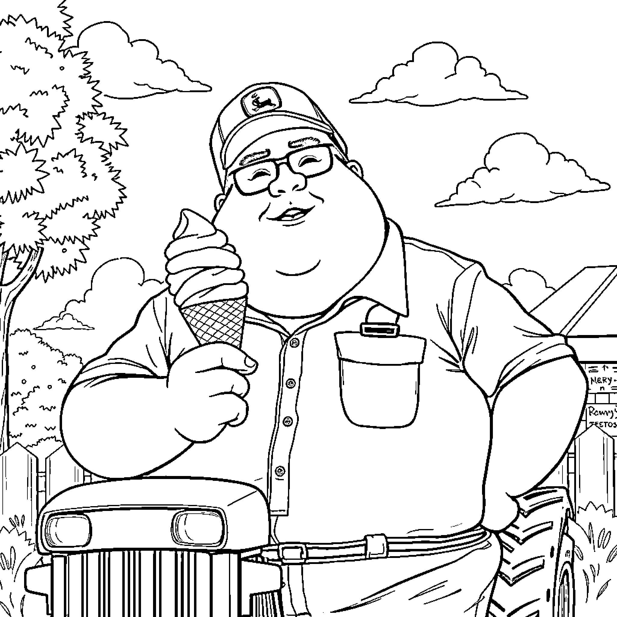 John Deere worker enjoying an ice cream on the job Coloring Page (free black-and-white line drawing printable PDF for all, from beginners to advanced learners, including children, teens, adults, and seniors)