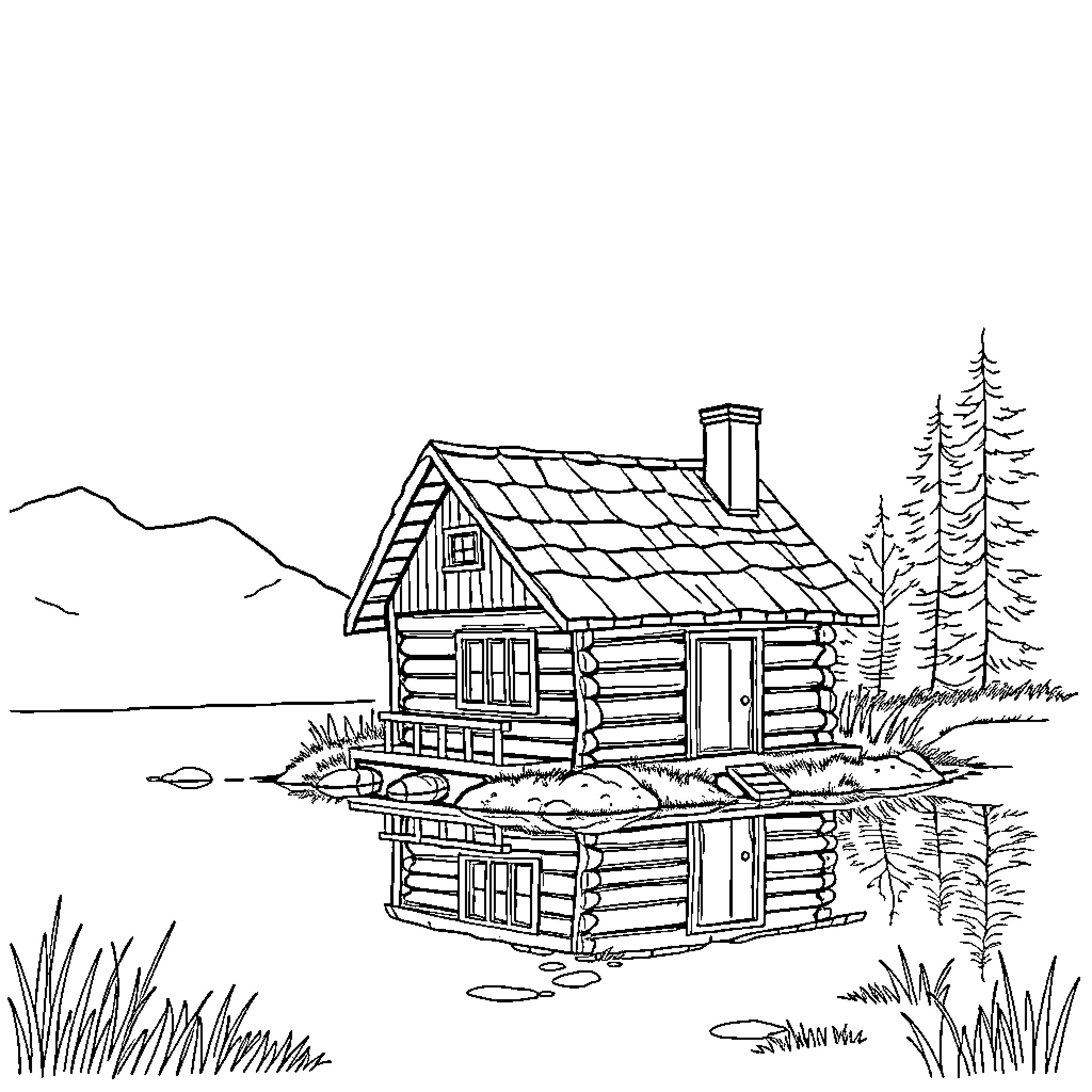 Cabin by the lake with pine trees Coloring Page (free black-and-white line drawing printable PDF for all, from beginners to advanced learners, including children, teens, adults, and seniors)