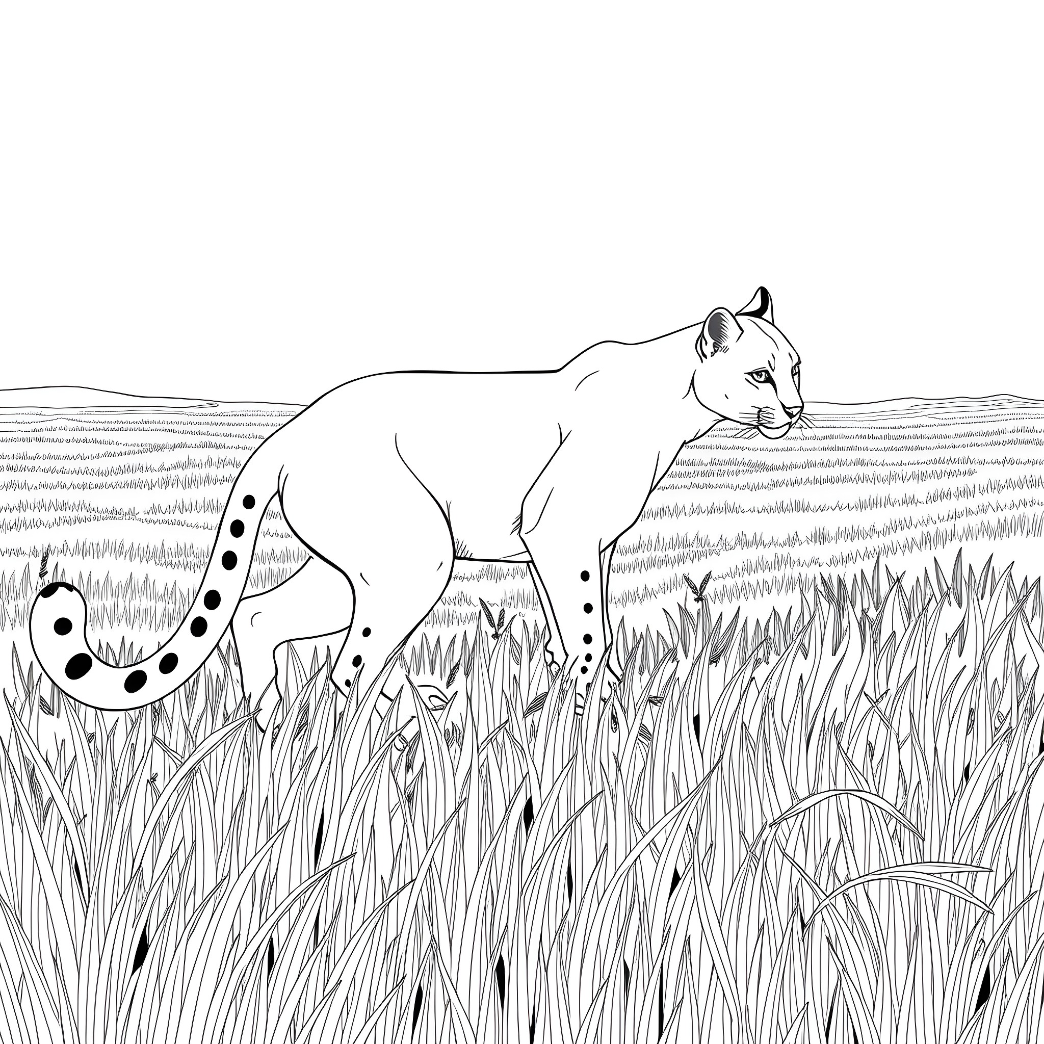 Cougar prowling through the tall grass Coloring Page (free black-and-white line drawing printable PDF for all, from beginners to advanced learners, including children, teens, adults, and seniors)